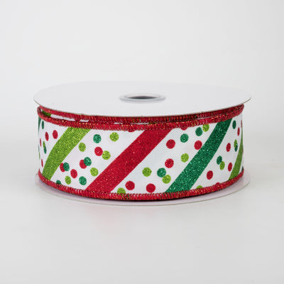 1.5" Diagonal Glitter Stripes & Confetti Dots Ribbon: White, Green & Red (10 Yards)