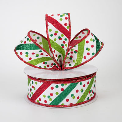 1.5" Diagonal Glitter Stripes & Confetti Dots Ribbon: White, Green & Red (10 Yards)