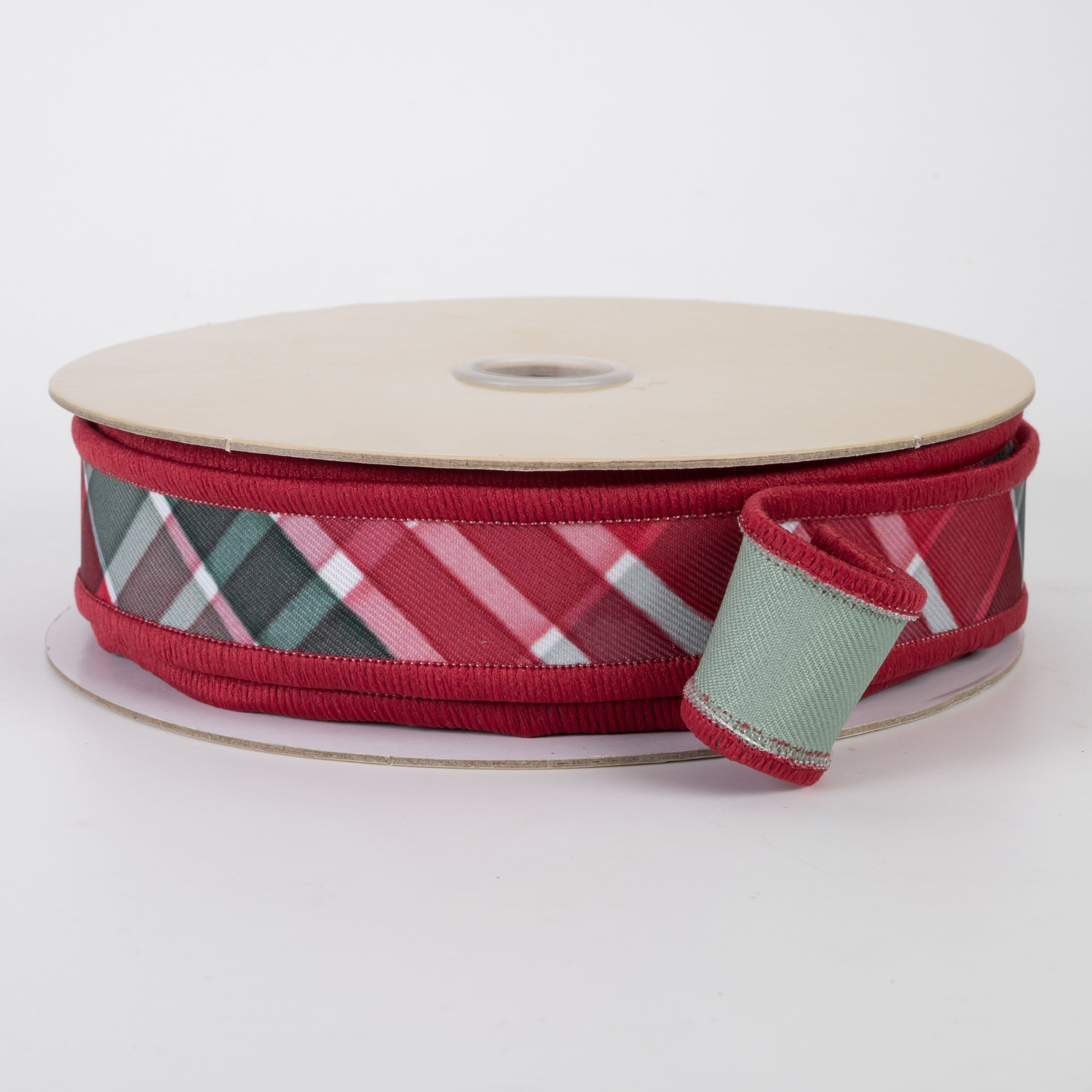 7/8" Double Sided Fused Diagonal Plaid Ribbon: Red, Sage & Emerald (10 Yards)