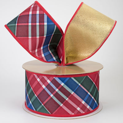 2.5" Double Sided Fused Diagonal Plaid Ribbon: Red, Emerald & Royal (10 Yards)