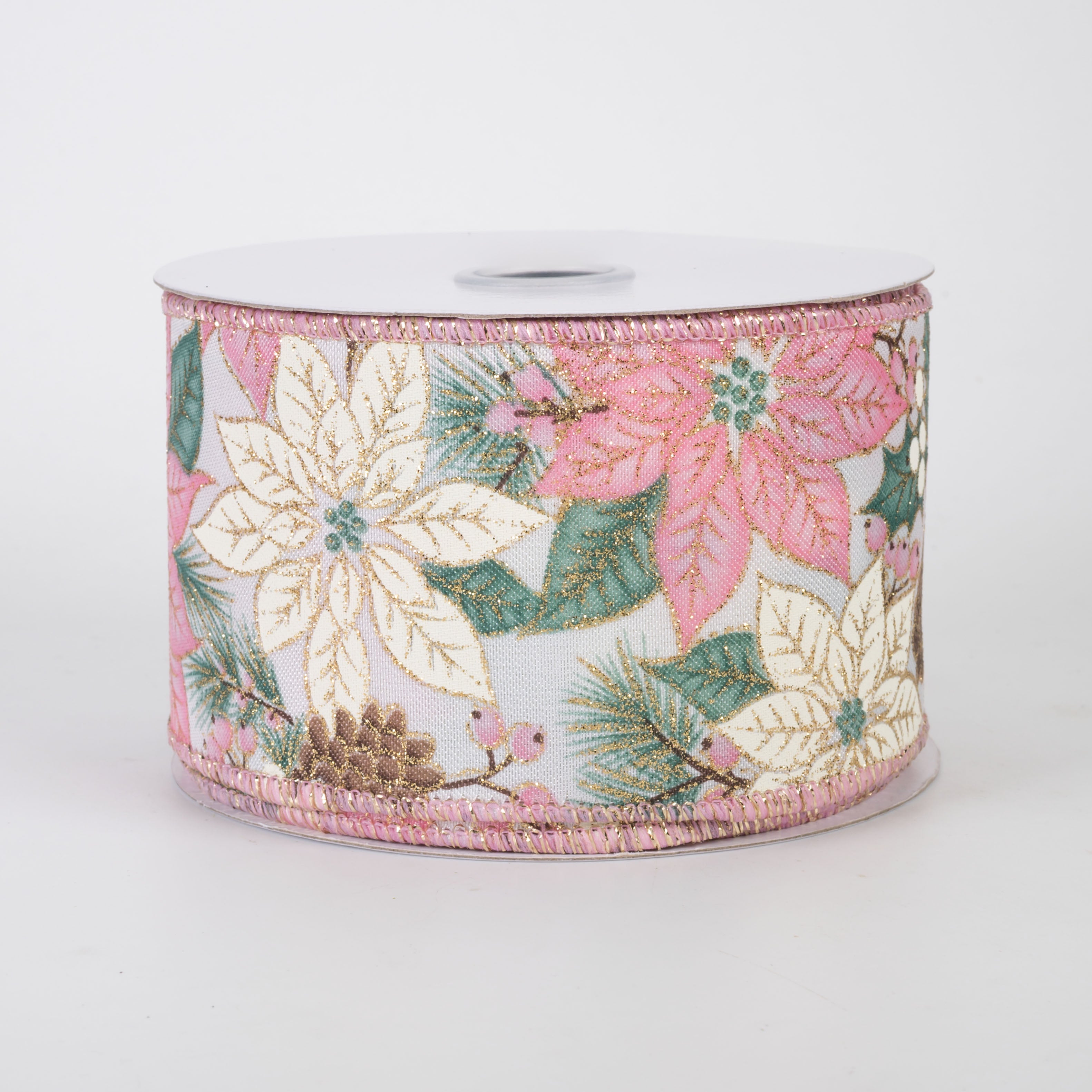 2.5" Poinsettias & Pinecones Ribbon: Pink & Ivory (10 Yards)