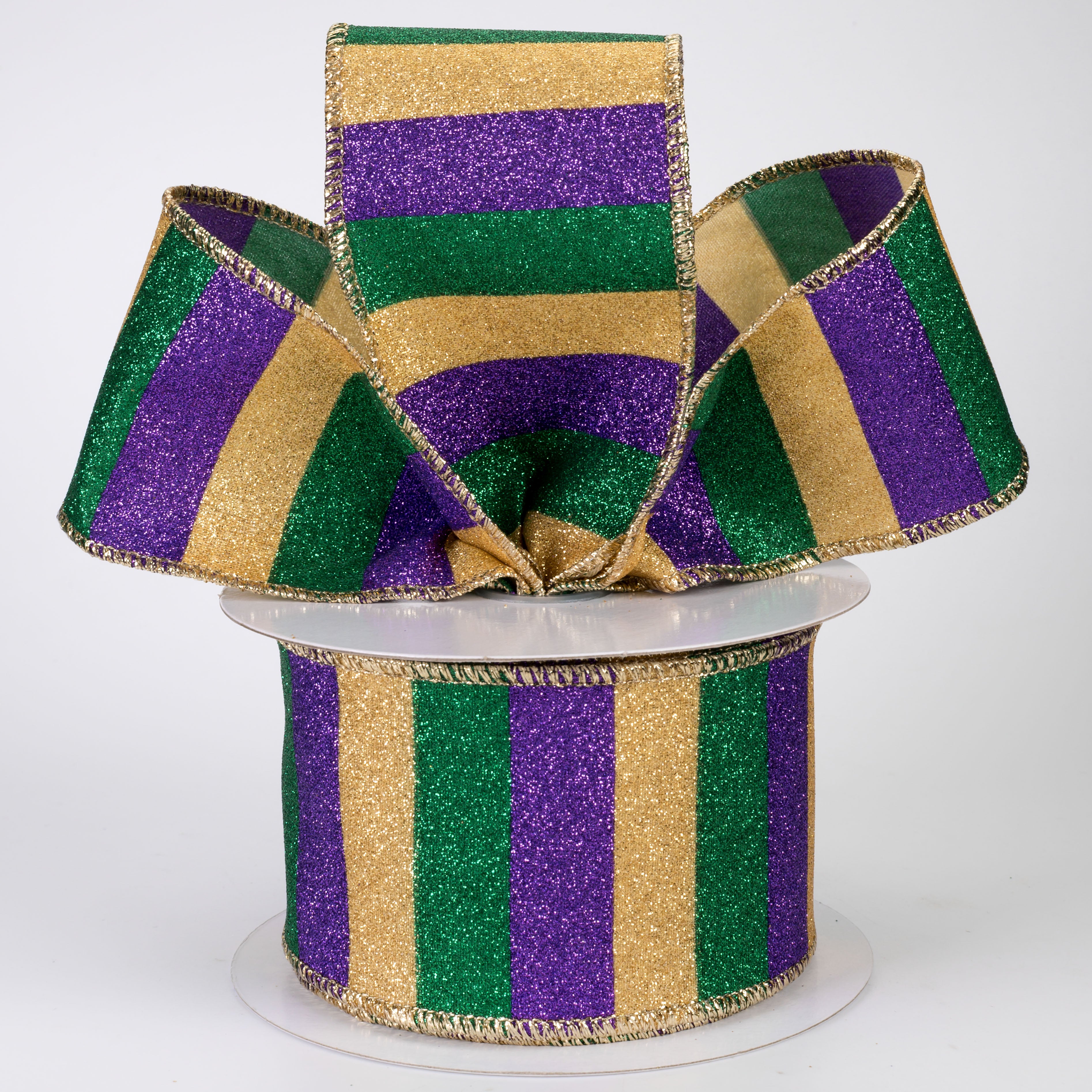 2.5" Horizontal Glitter Stripes Ribbon: Mardi Gras (10 Yards)