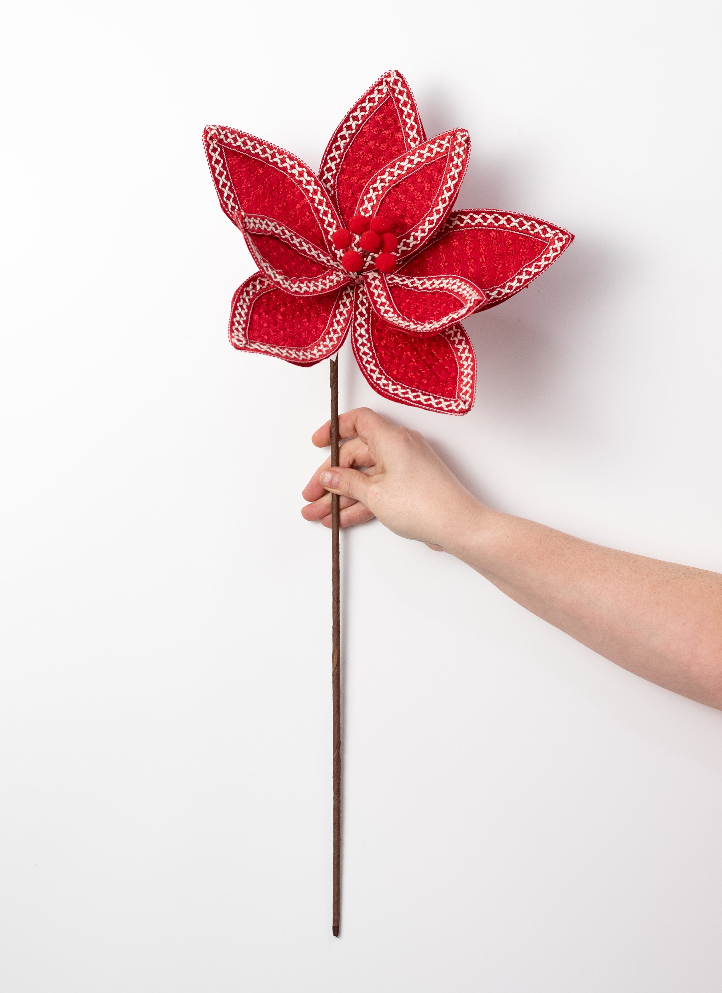 12.5" x 25" Yarn Stitched Edge Poinsettia Stem: Red