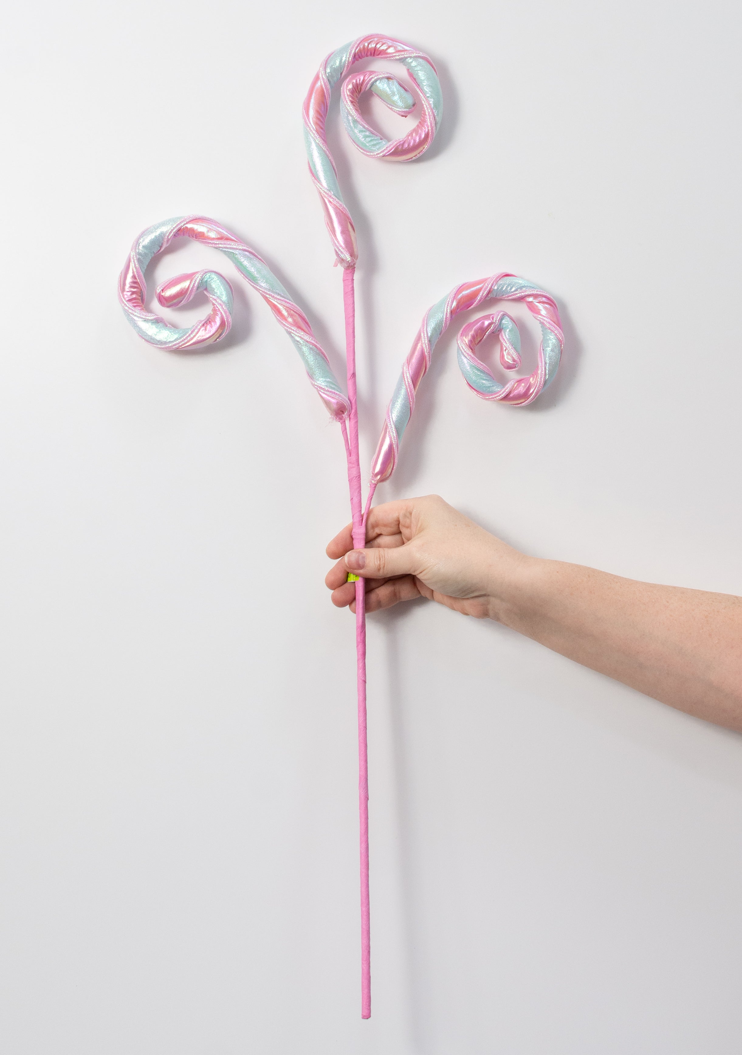 28" Glossy Iridescent Stripe Spiral Curly Spray: Mint & Pink