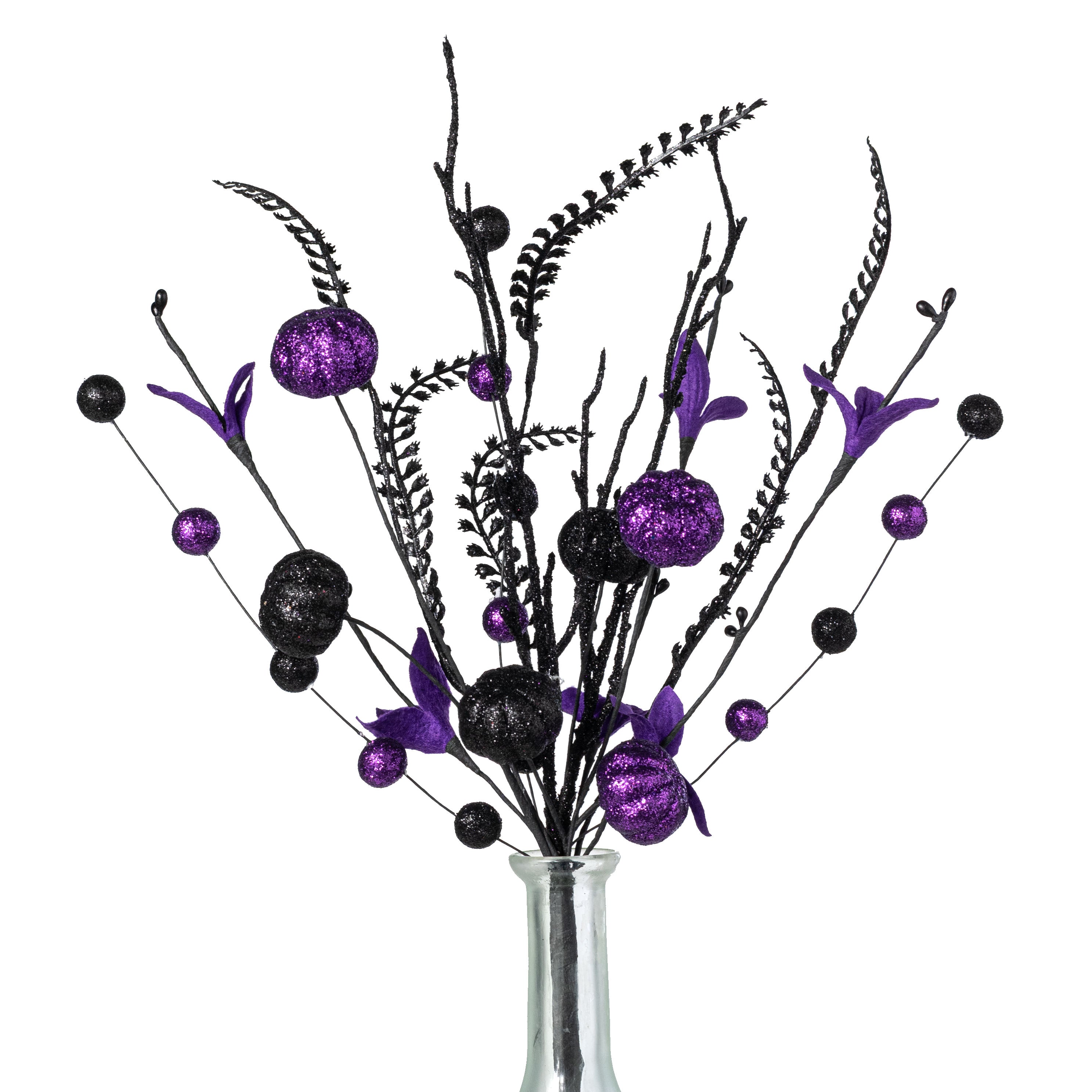 17" Glitter Pumpkins, Balls & Ferns Pick: Purple & Black