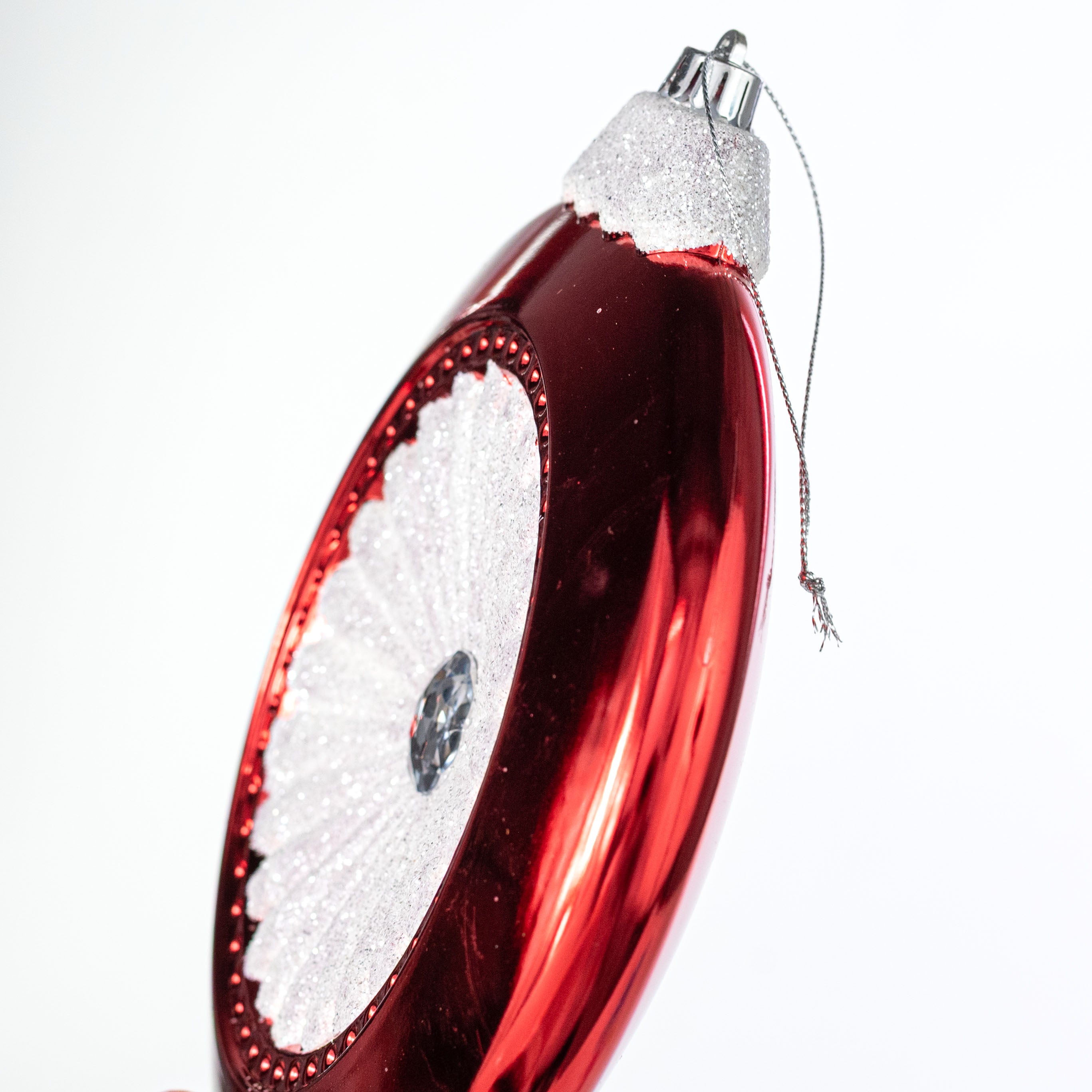 8" Glittered Disc Flat Ornament: Red & White
