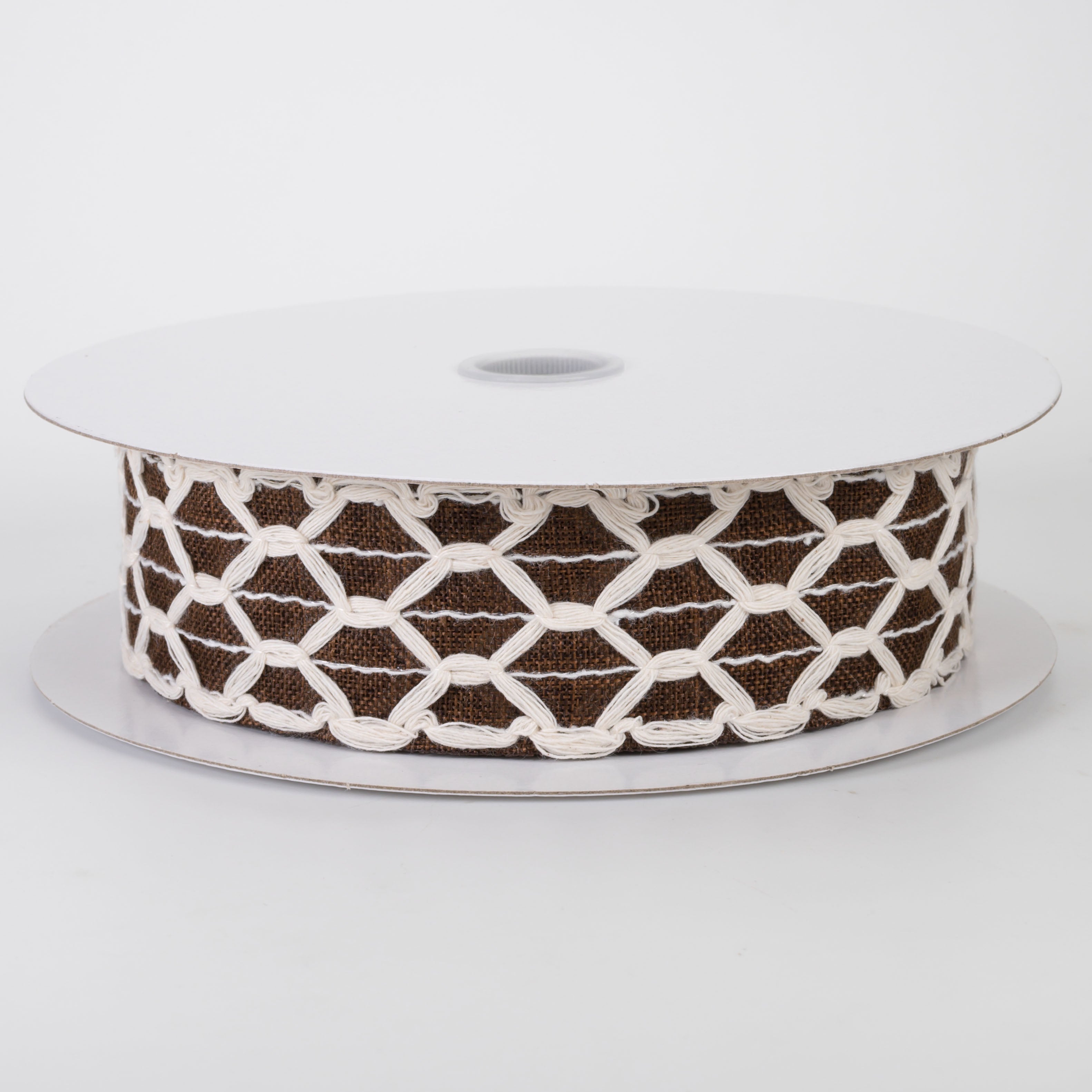 1.5" Ivory Scalloped Weave on Linen Ribbon: Dark Brown (10 Yards)