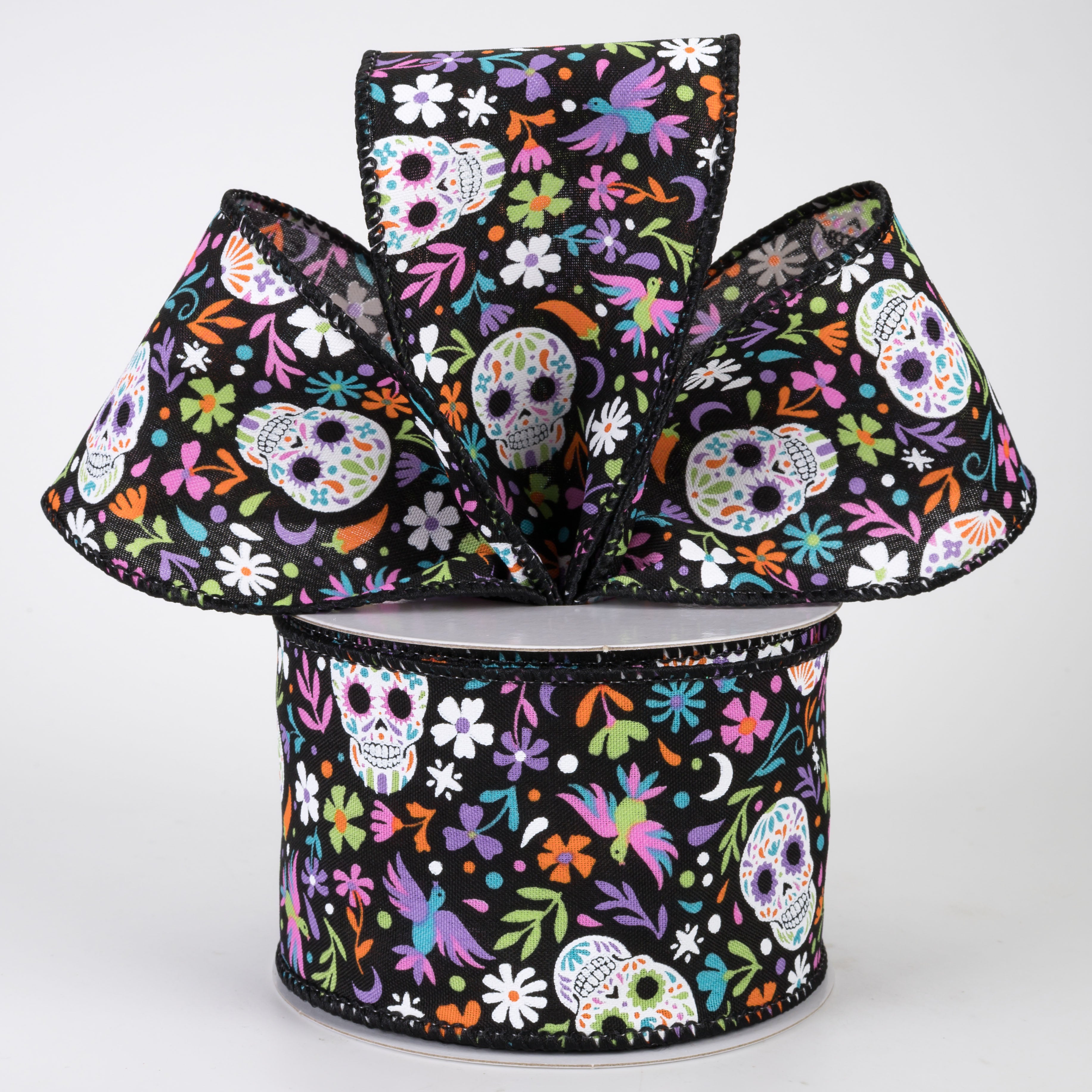 2.5" Calaveras Day of the Dead Skull Ribbon: Black (10 Yards)