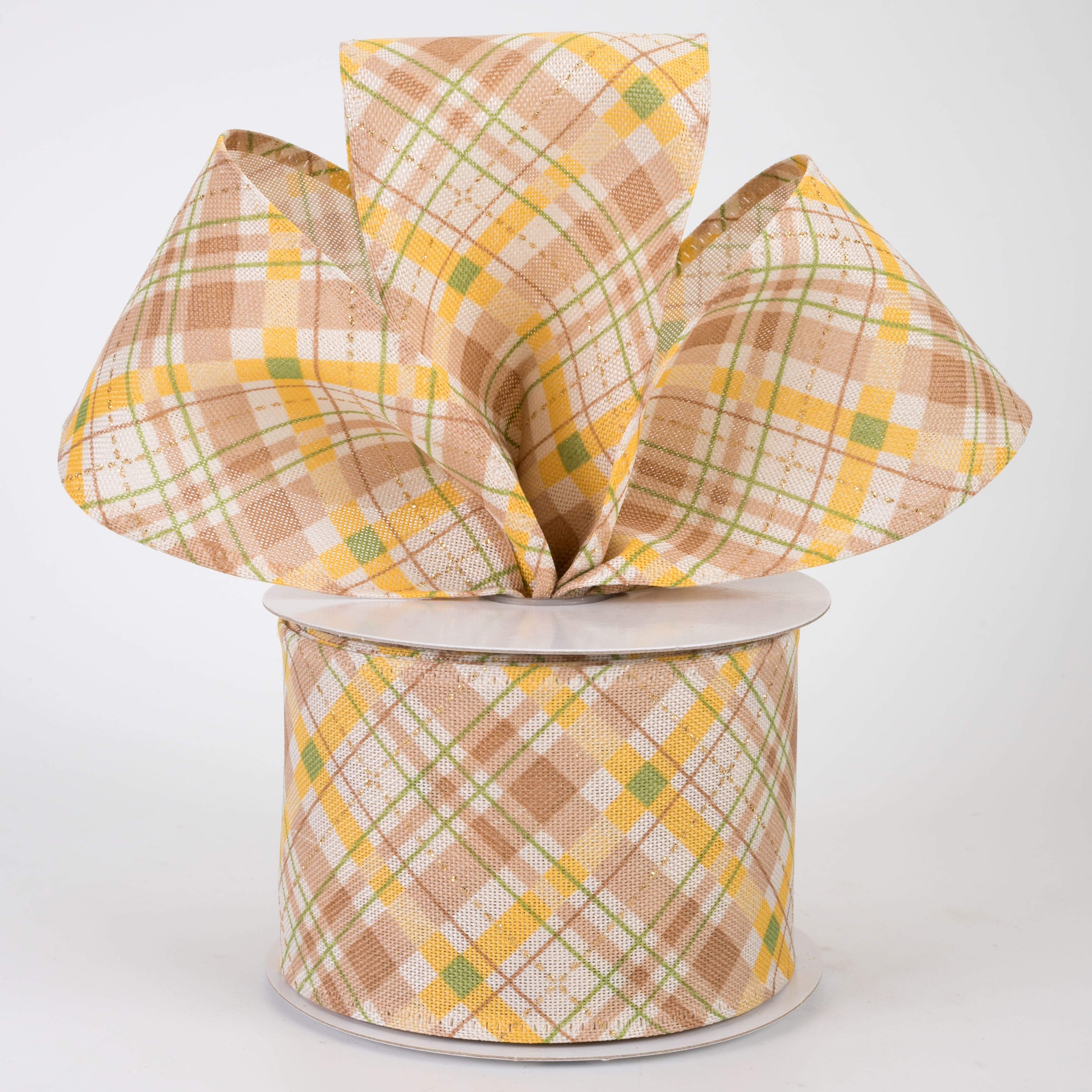 2.5" Linen Argyle Plaid Ribbon: Ivory, Moss, Mustard & Brown (10 Yards)