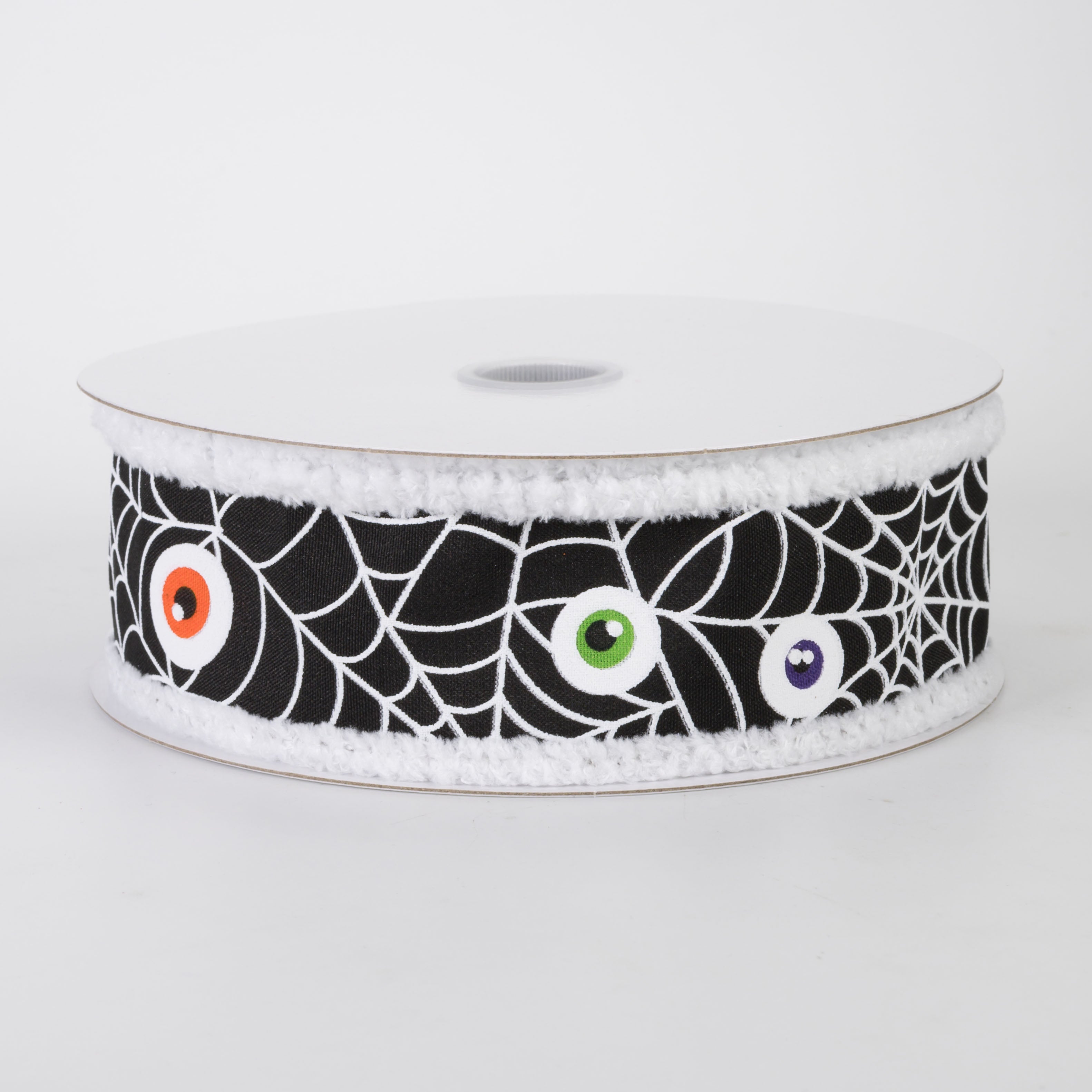1.5" Fuzzy Edge Monster Eyeballs in Spiderweb Ribbon: Black (10 Yards)