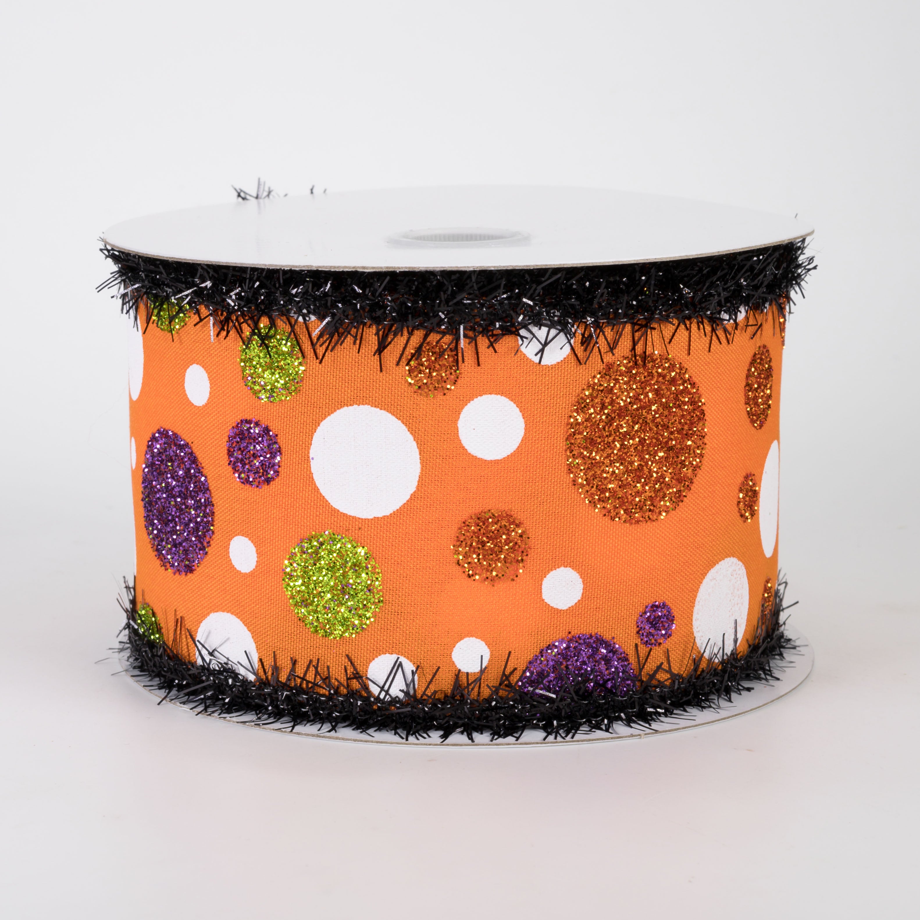2.5" Tinsel Edge Halloween Glitter Polka Dots Ribbon: Orange (10 Yards)