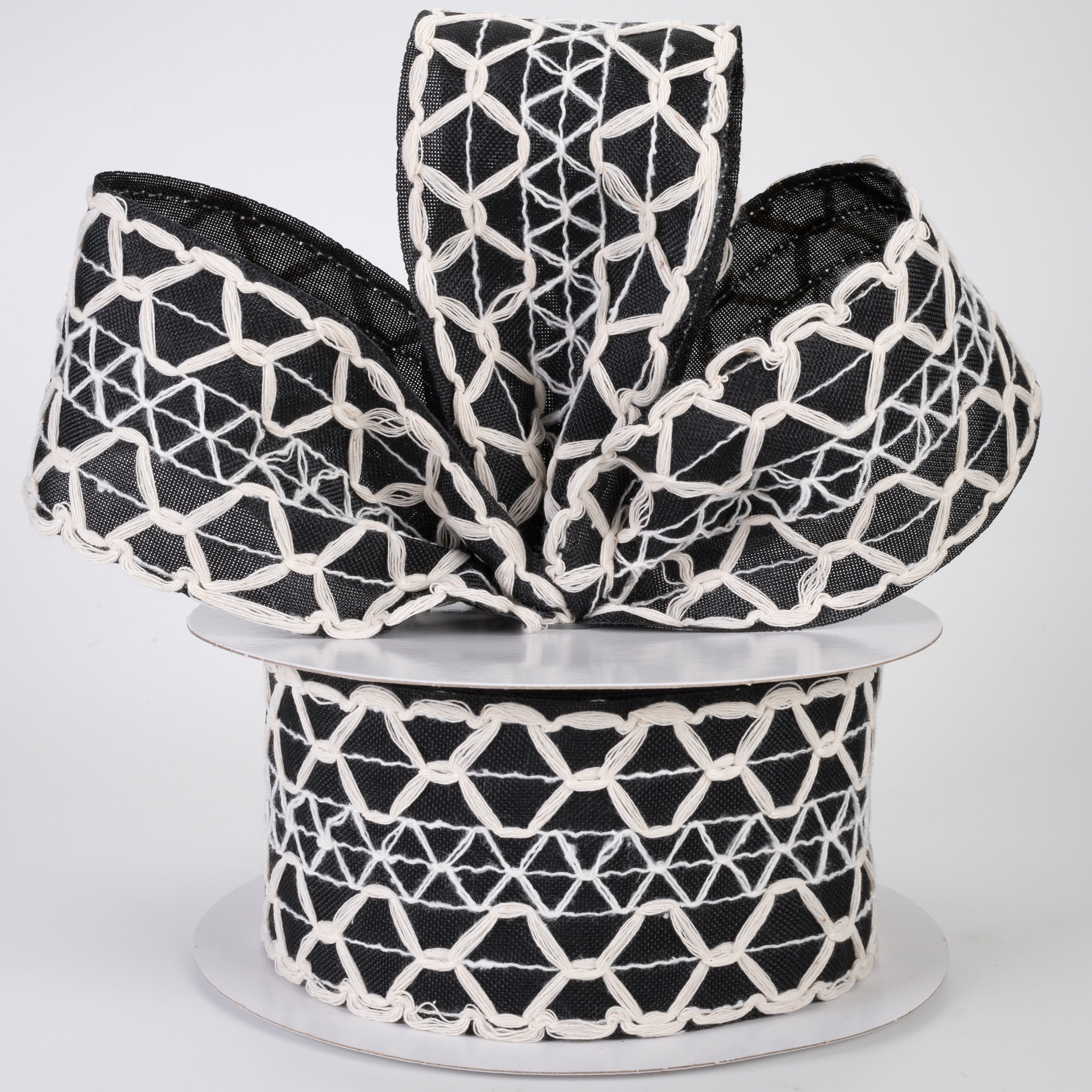 2.5" Ivory Scalloped Weave on Linen Ribbon: Black (10 Yards)