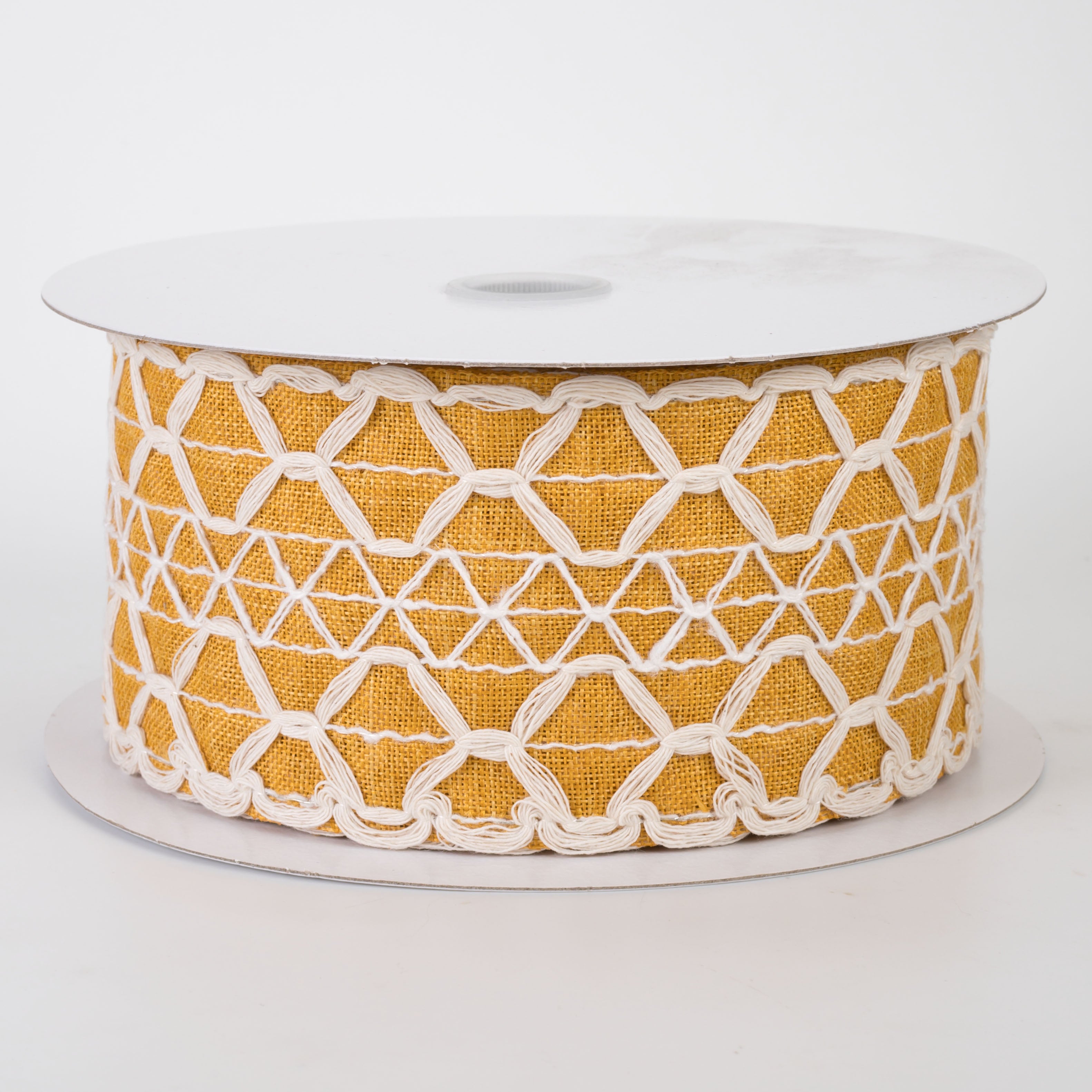 2.5" Ivory Scalloped Weave on Linen Ribbon: Sunflower Yellow (10 Yards)