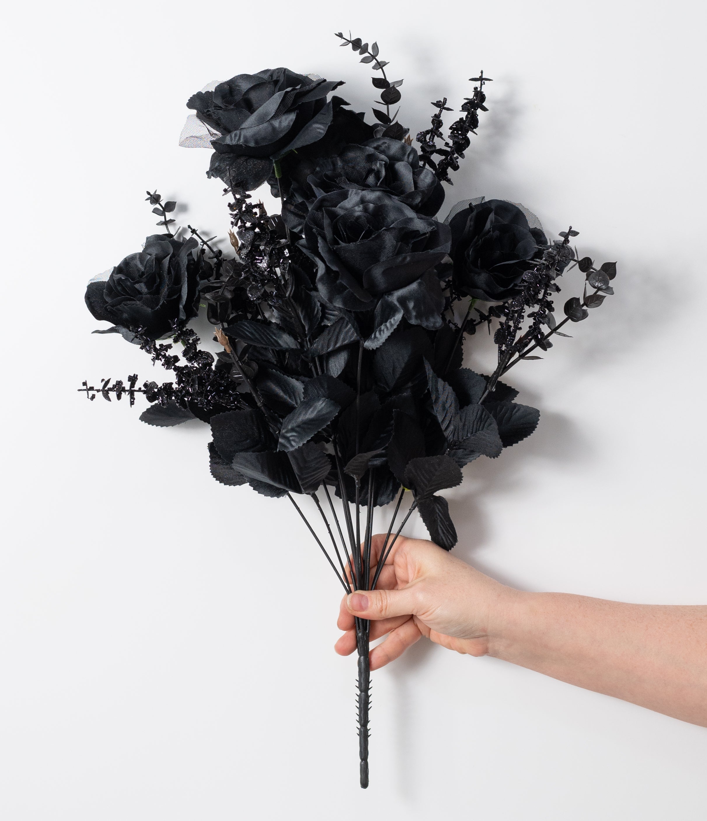 20" Roses & Eucalyptus Bush: Jet Black (12 Stem)