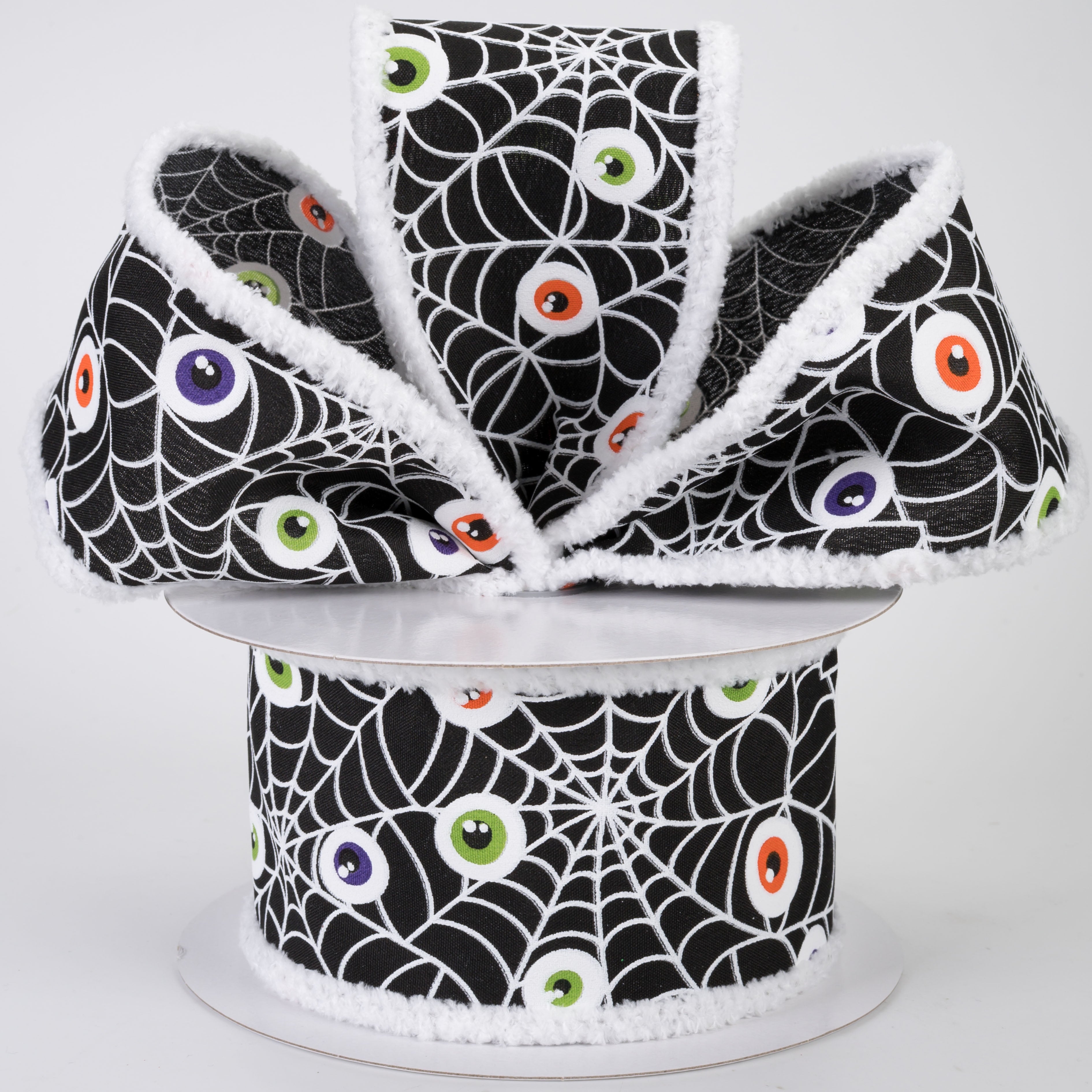 2.5" Fuzzy Edge Monster Eyeballs in Spiderweb Ribbon: Black (10 Yards)