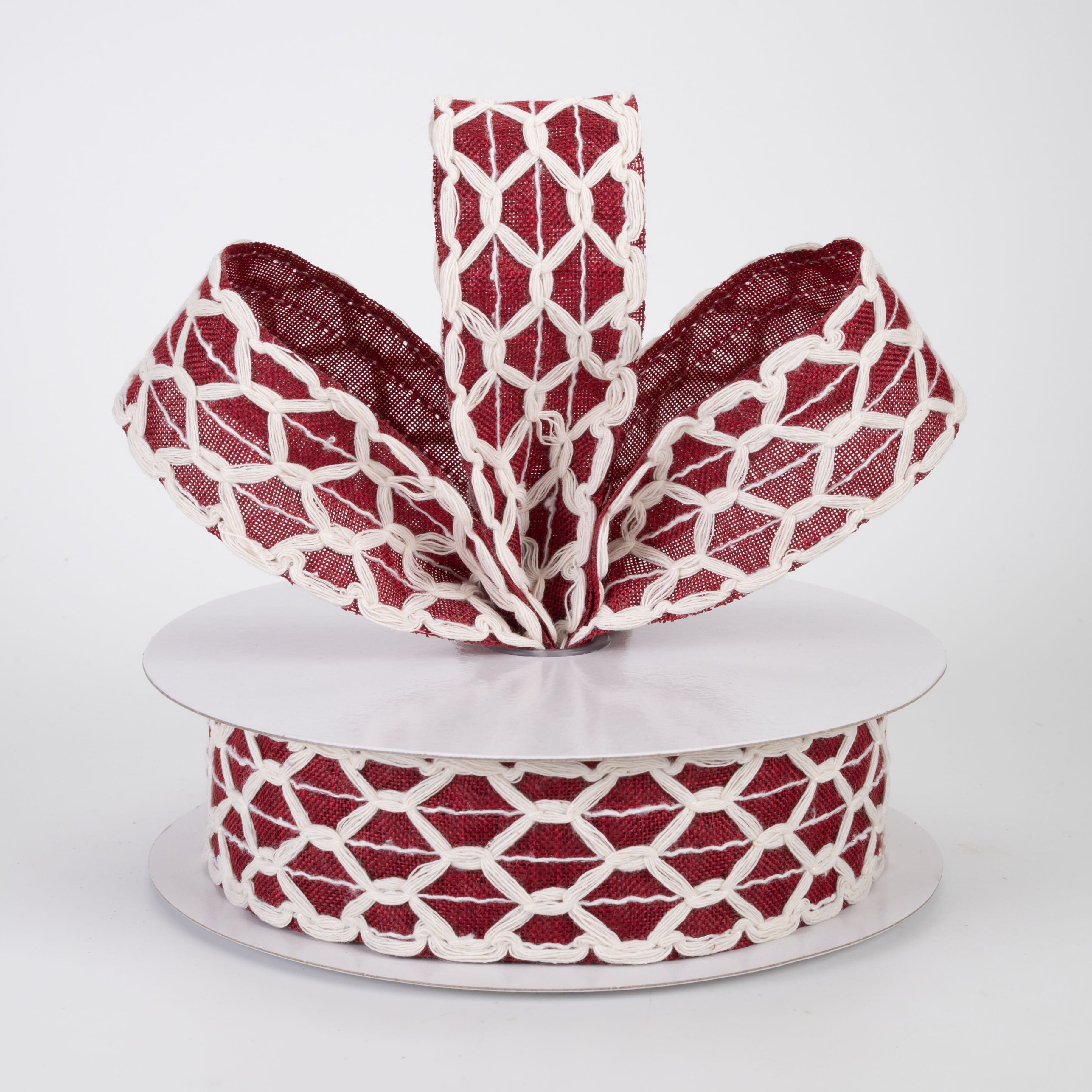 1.5" Ivory Scalloped Weave on Linen Ribbon: Dark Red (10 Yards)