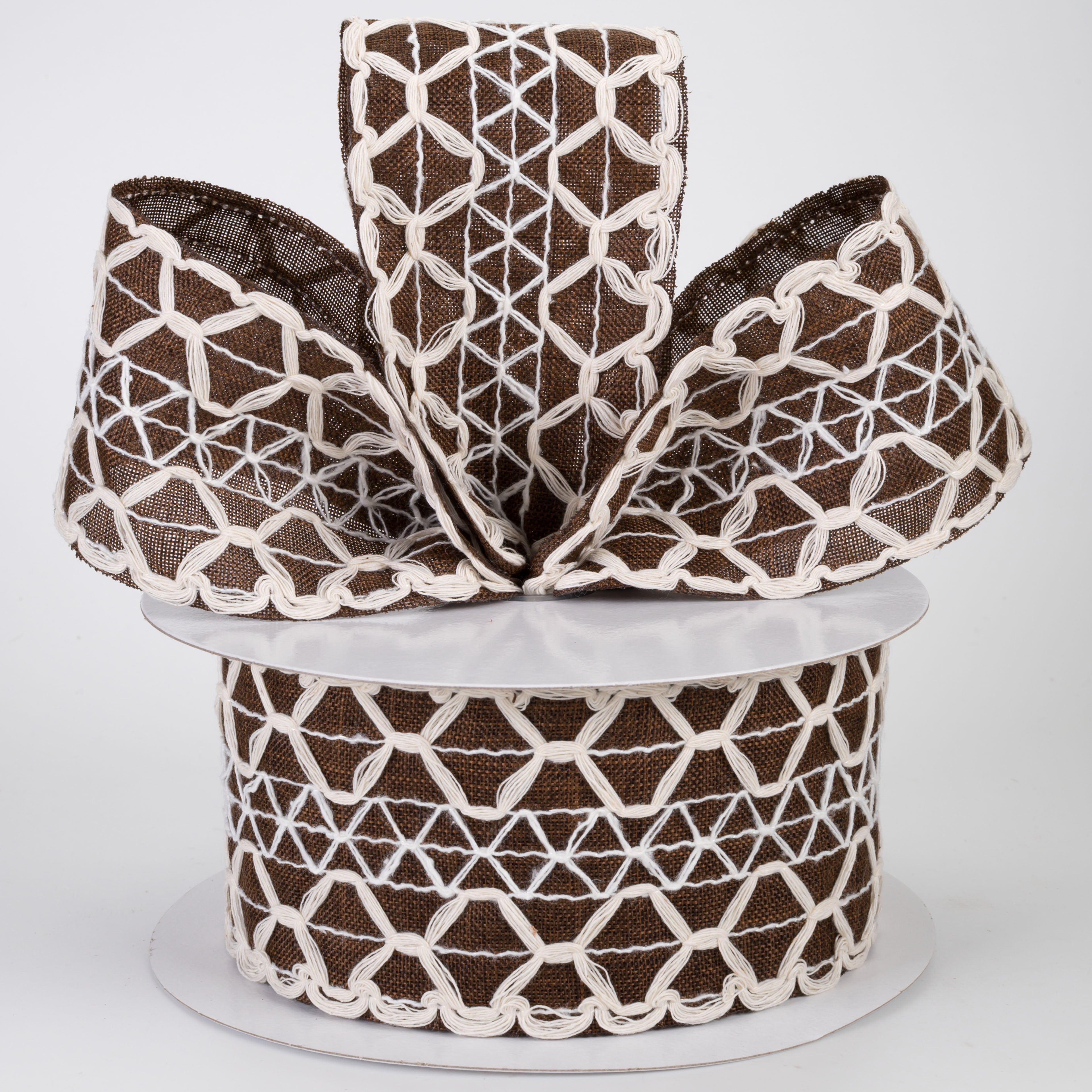 2.5" Ivory Scalloped Weave on Linen Ribbon: Dark Brown (10 Yards)