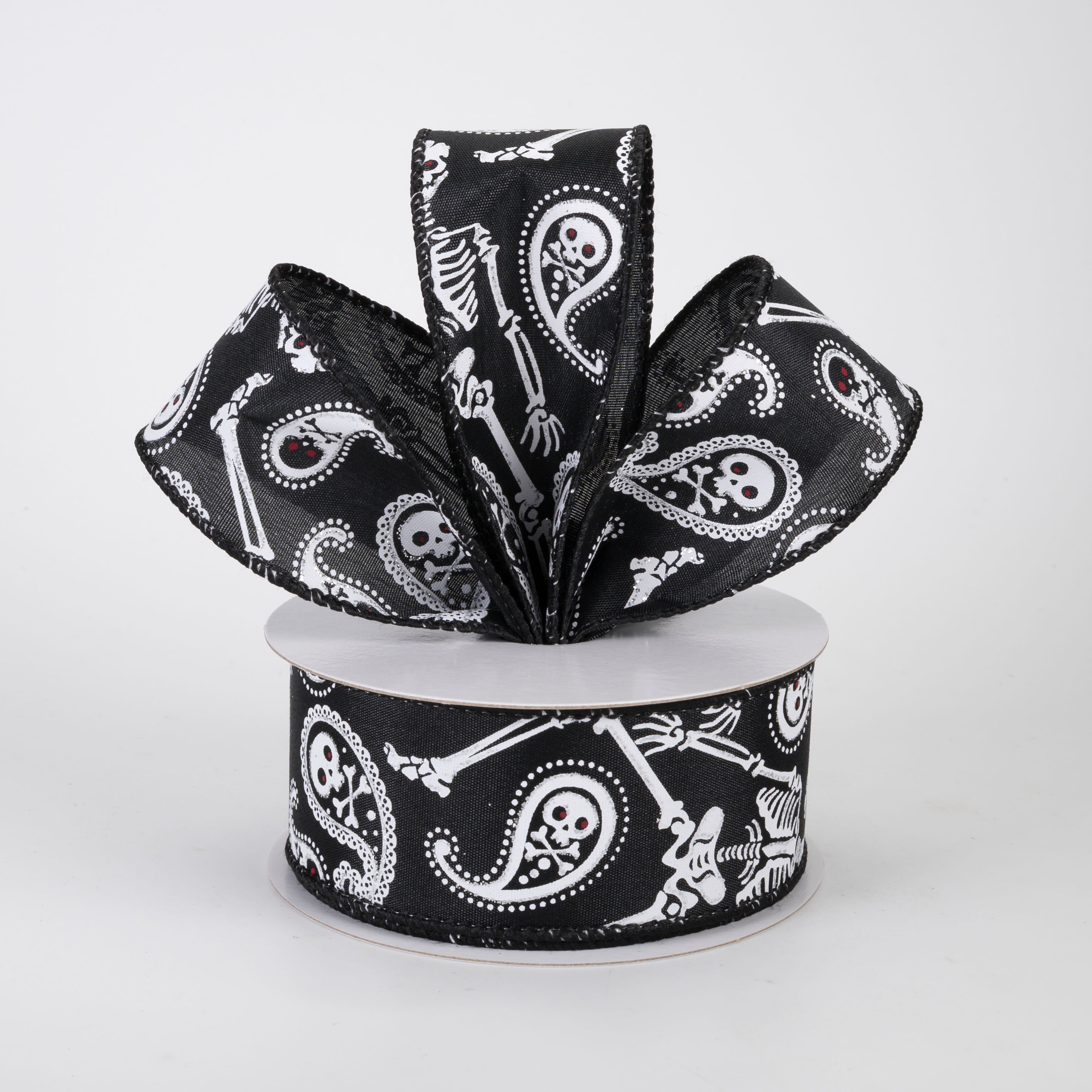 1.5" Skull & Bones Paisley Ribbon: White on Black (10 Yards)
