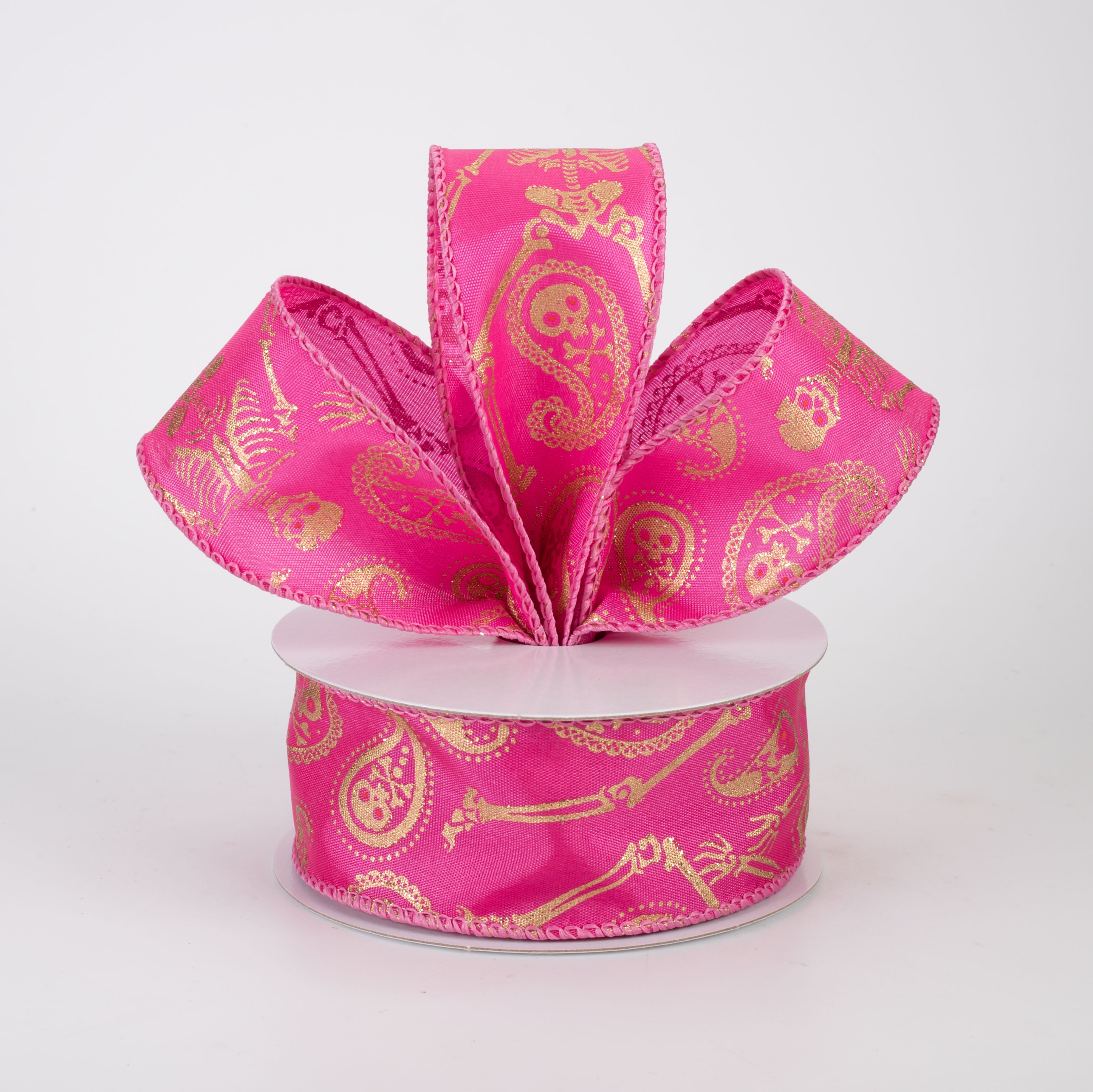 1.5" Skull & Bones Paisley Ribbon: Gold on Fuchsia Pink (10 Yards)