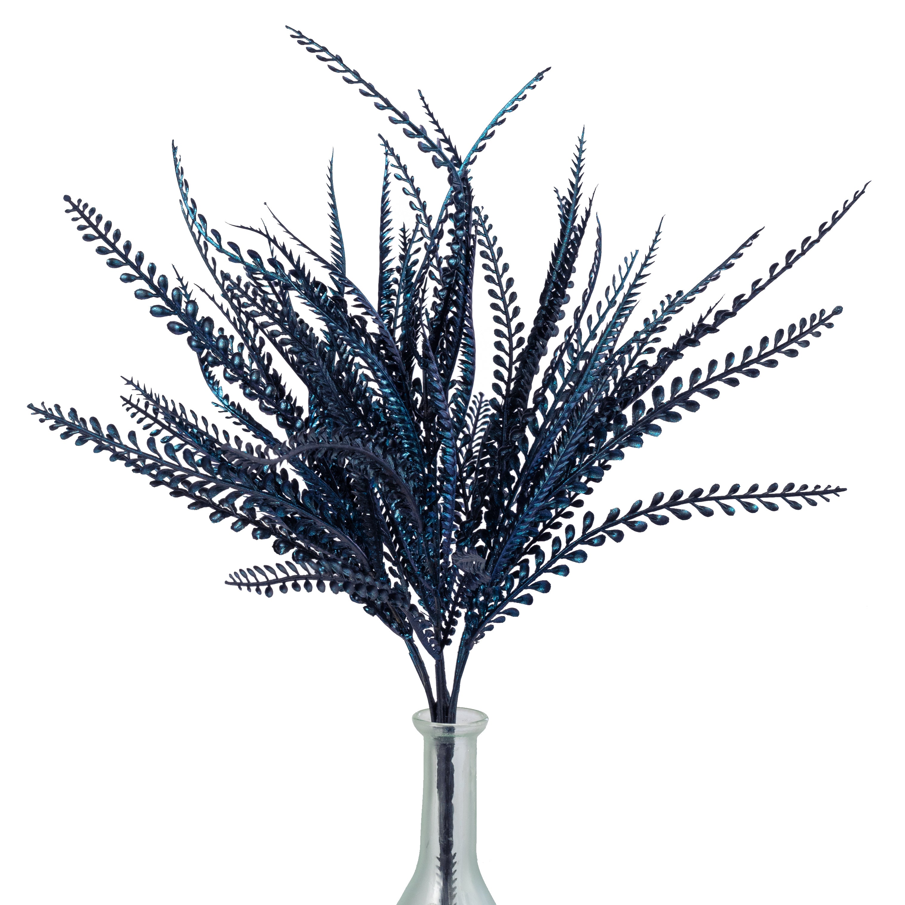 20" Plastic Leaf Button Fern Bush: Iridescent Blue on Black (7 Stem)