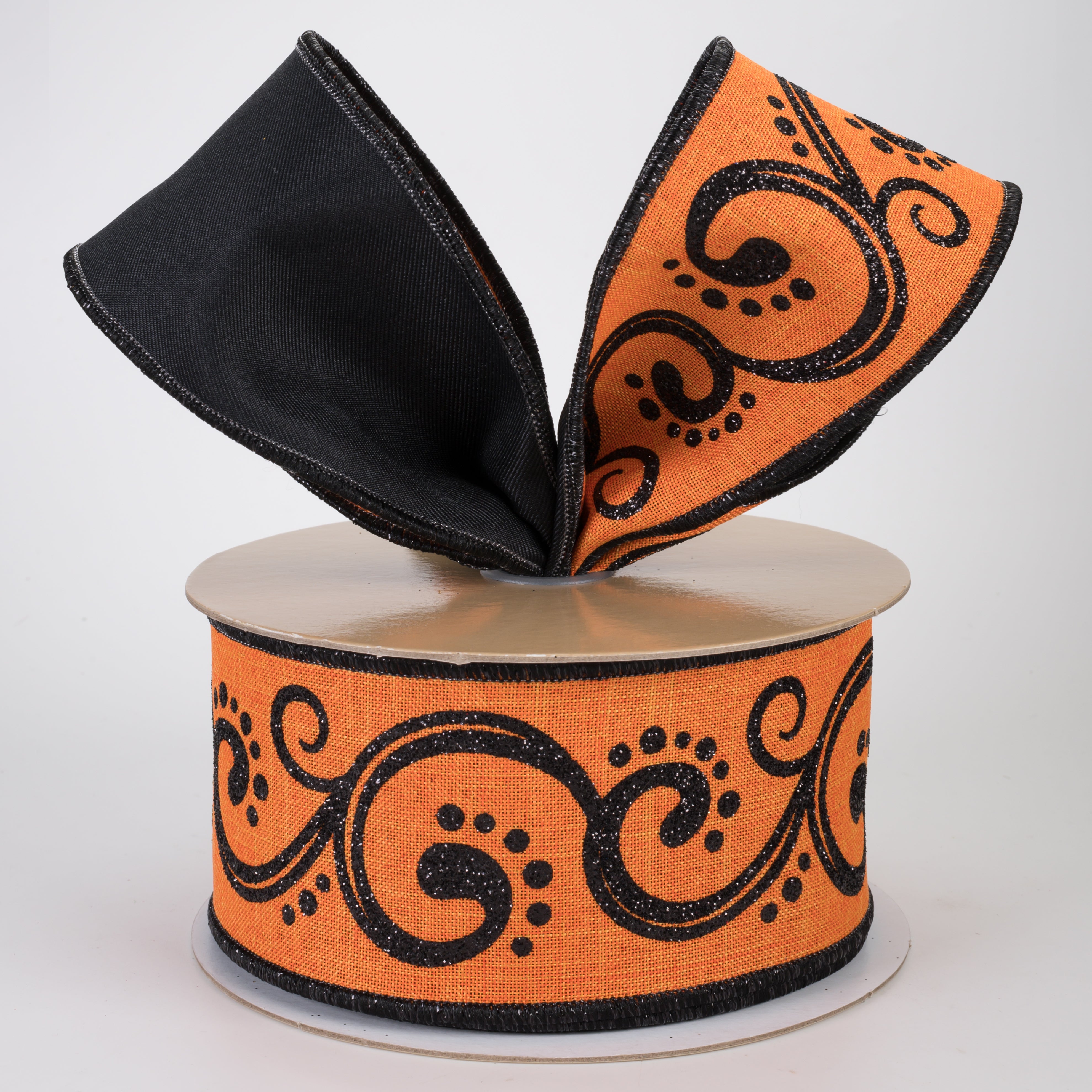 2.5" Double Sided Fused Swirls Ribbon: Orange & Black (10 Yards)