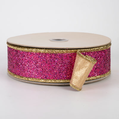1.5" Double Sided Fused Laser Glitter Ribbon: Fuchsia Pink & Gold (10 Yards)