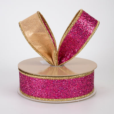 1.5" Double Sided Fused Laser Glitter Ribbon: Fuchsia Pink & Gold (10 Yards)