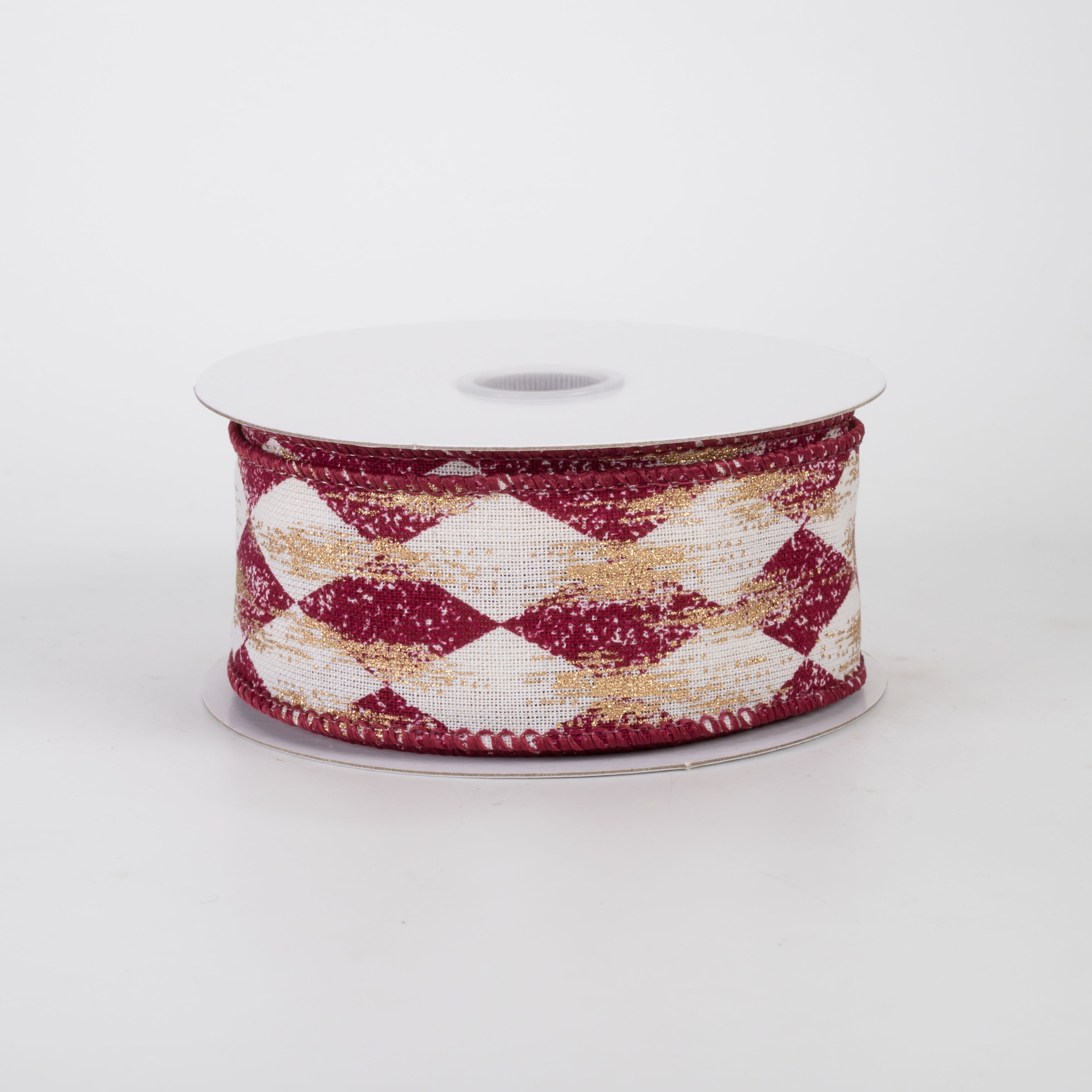 1.5" Canvas Harlequin Gold Painted Ribbon: Cream & Burgundy (10 Yards)