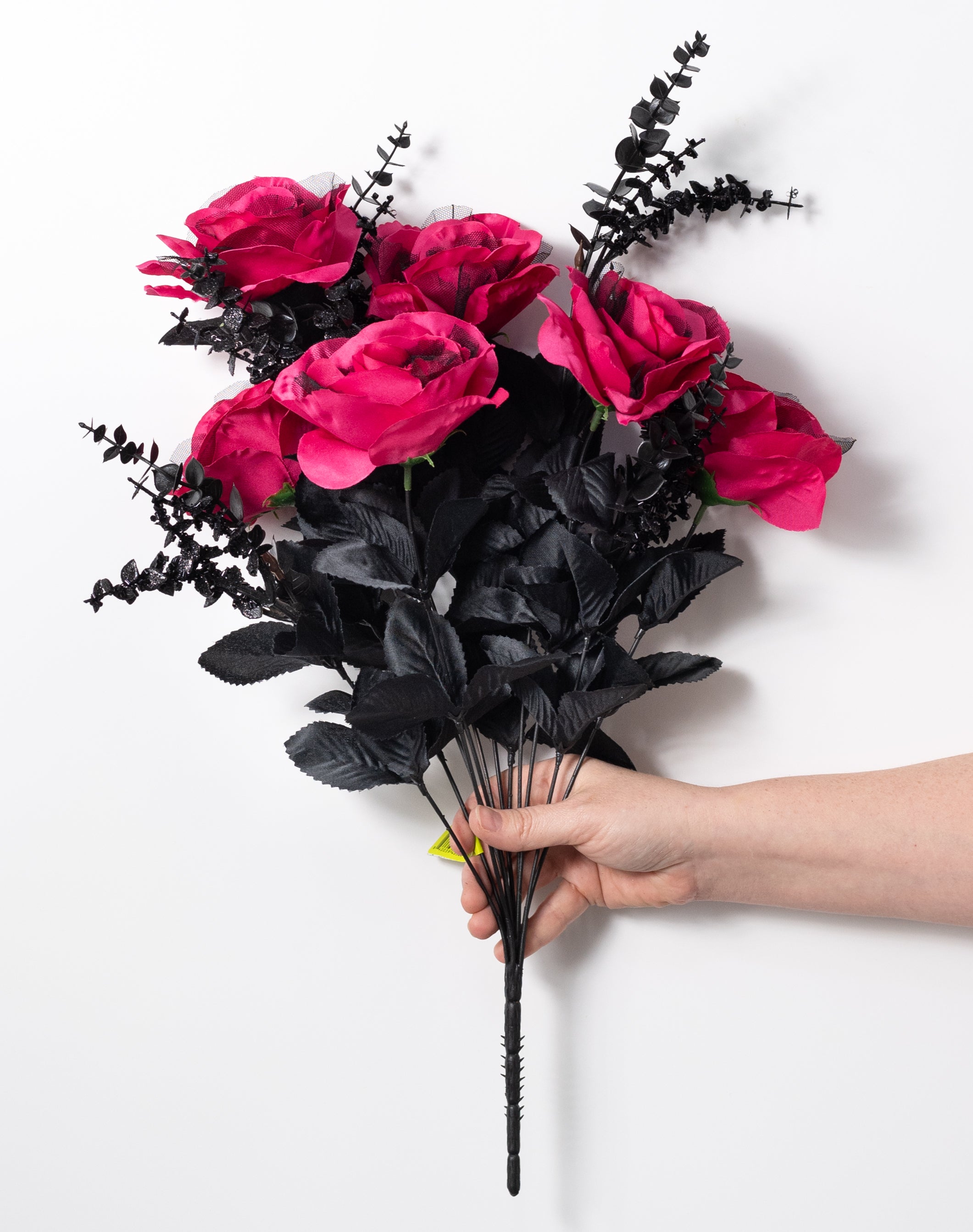 20" Rose & Eucalyptus Bush: Hot Pink & Black (12 Stem)