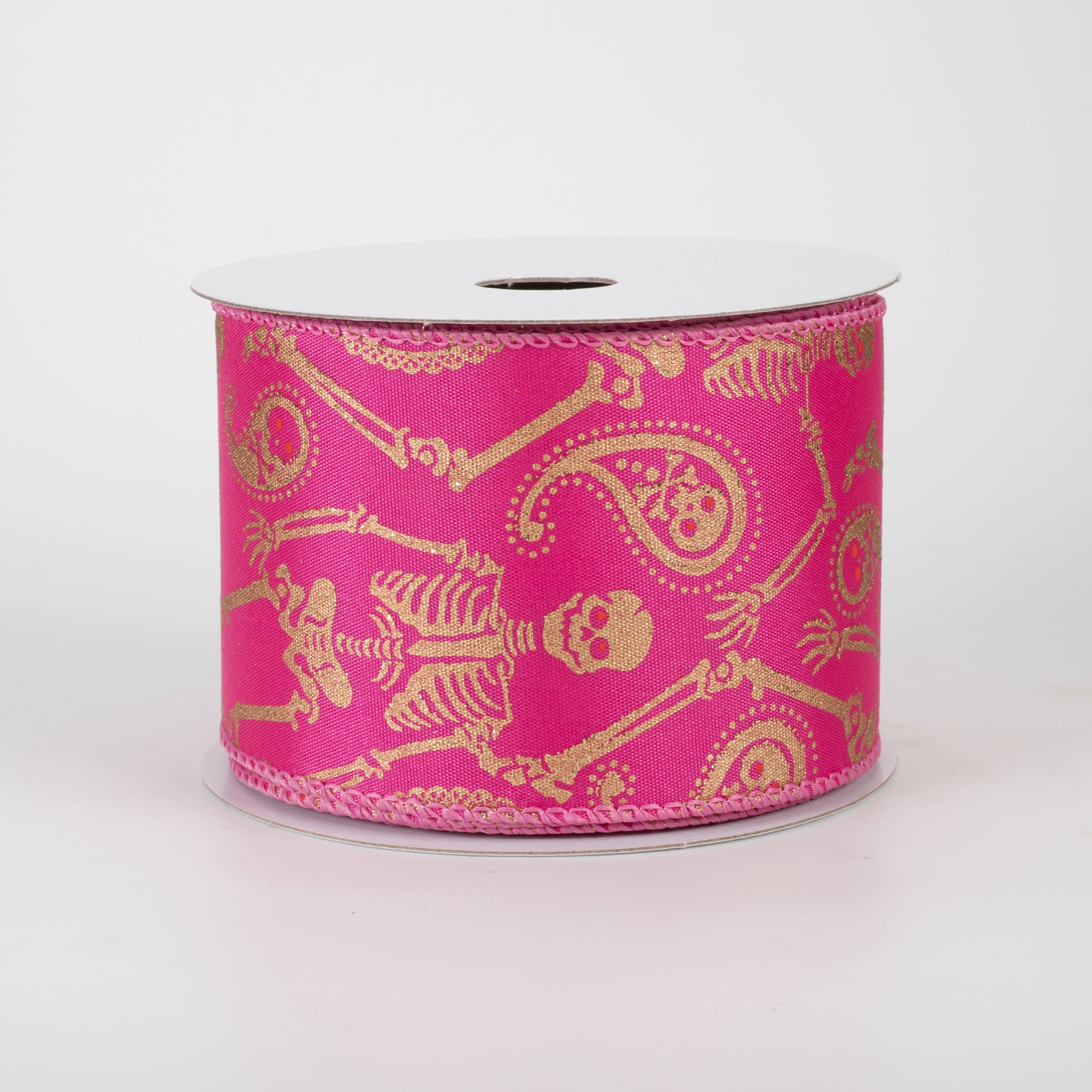 2.5" Skull & Bones Paisley Ribbon: Gold on Fuchsia Pink (10 Yards)
