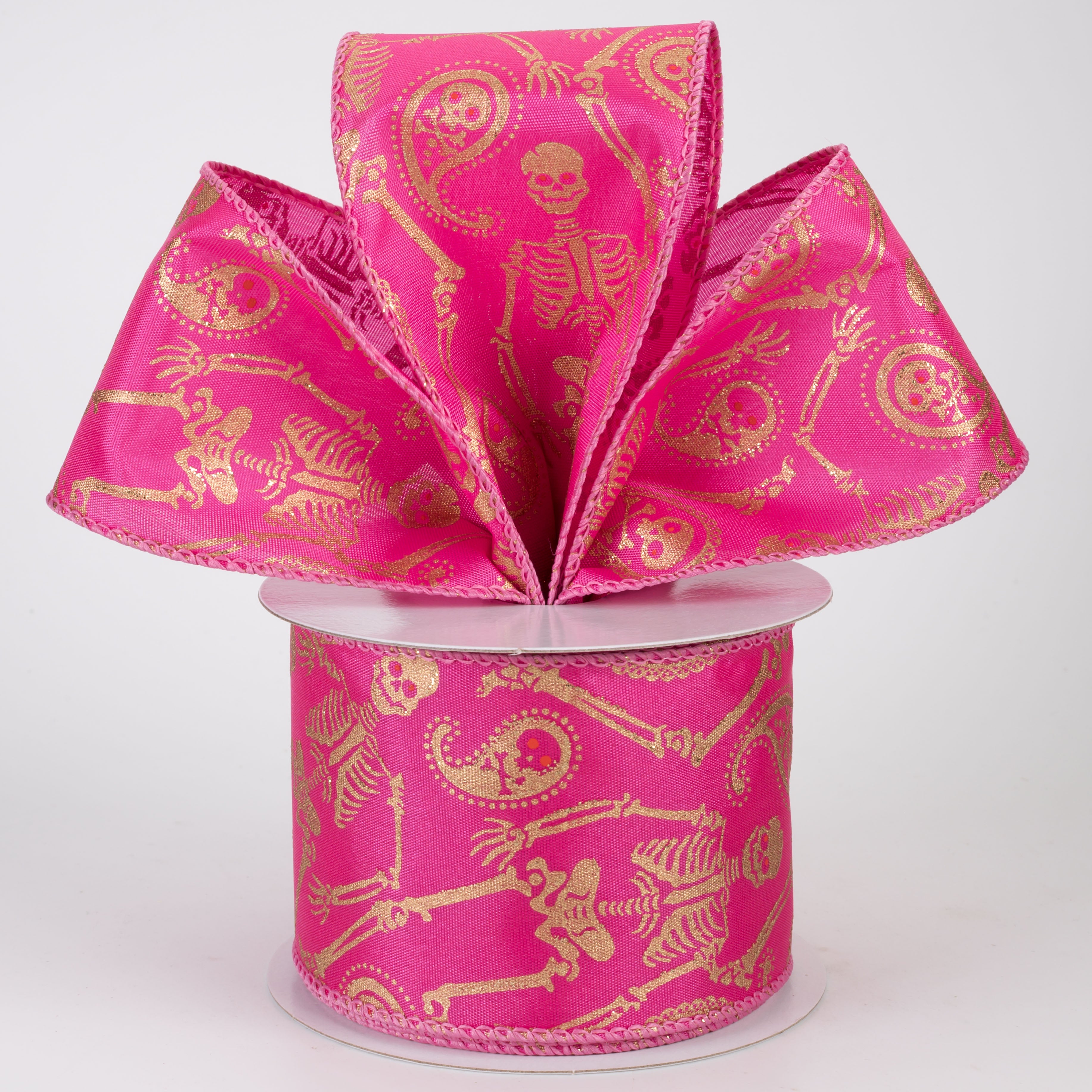 2.5" Skull & Bones Paisley Ribbon: Gold on Fuchsia Pink (10 Yards)