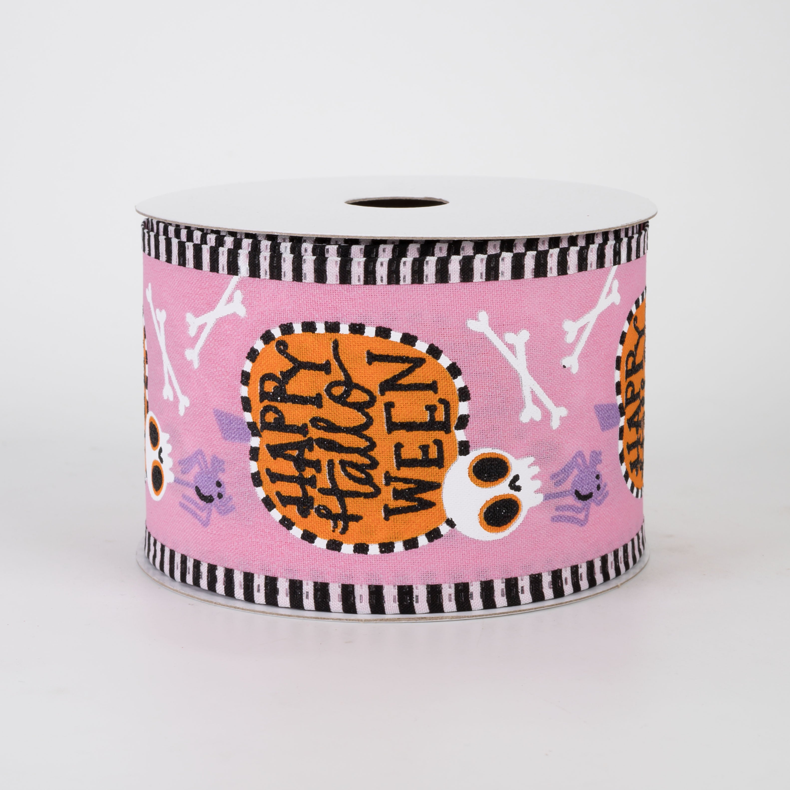 2.5" Stripe Edge Happy Halloween Pumpkin Skull Ribbon: Pink (10 Yards)