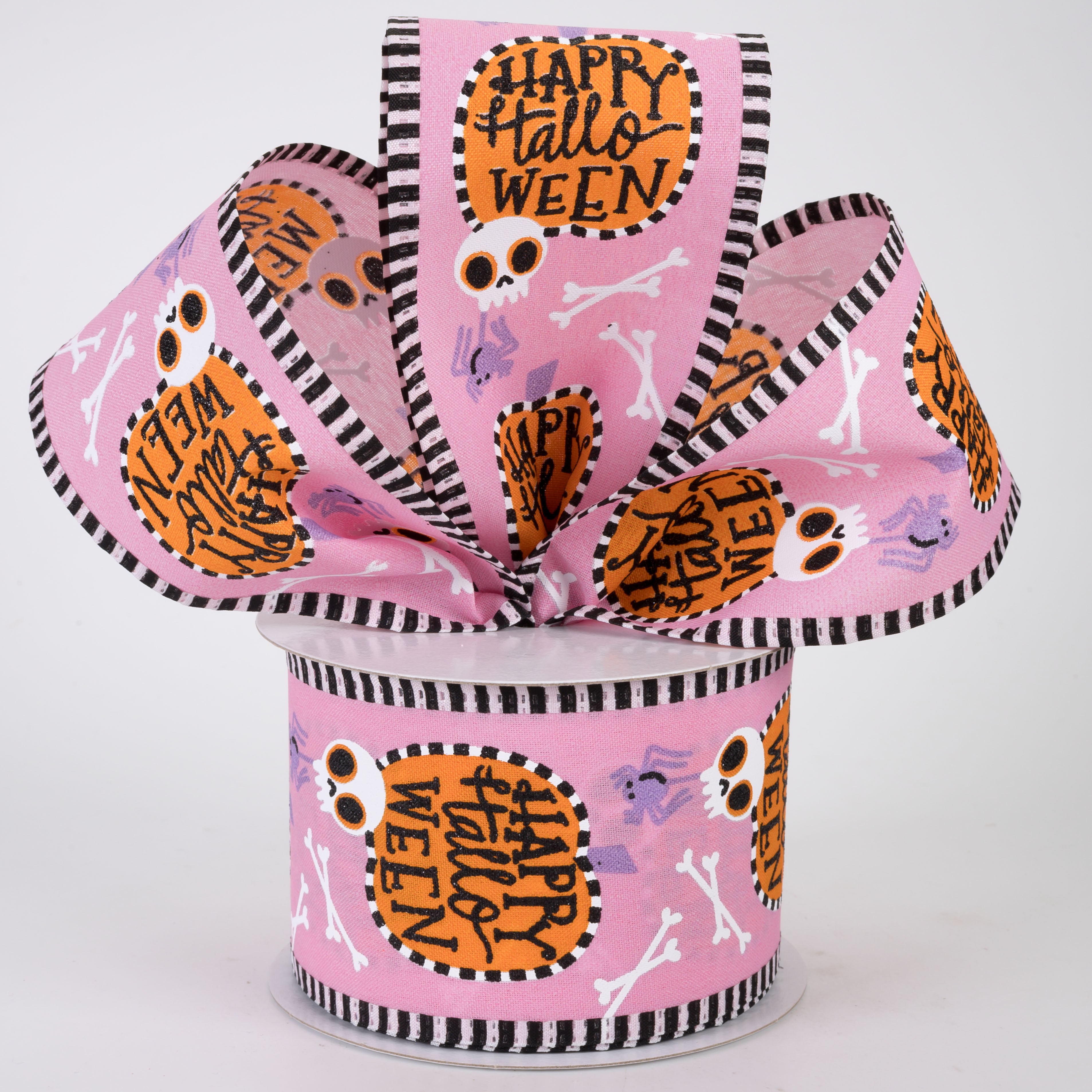 2.5" Stripe Edge Happy Halloween Pumpkin Skull Ribbon: Pink (10 Yards)