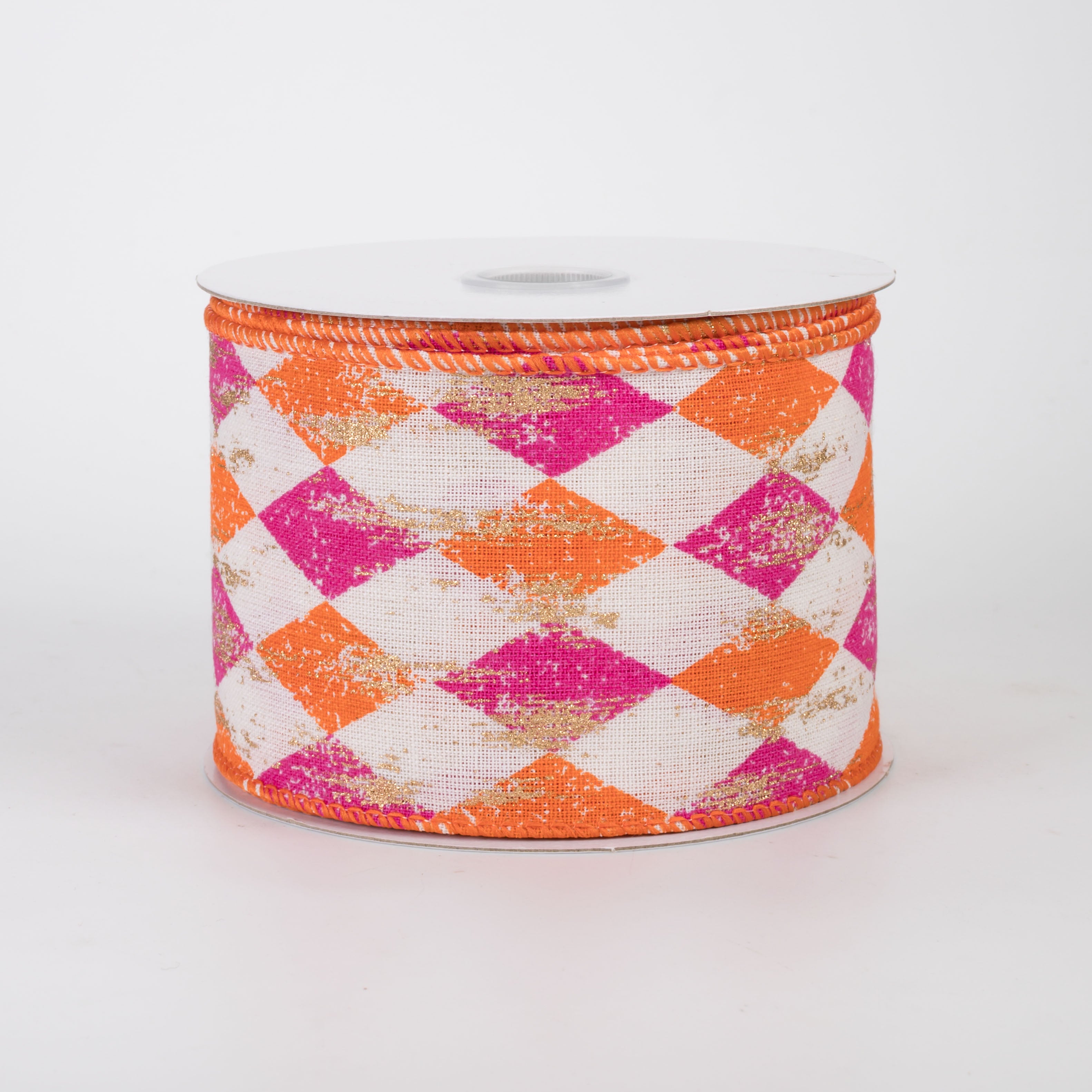 2.5" Canvas Harlequin Gold Painted Ribbon: Cream, Fuchsia & Orange (10 Yards)