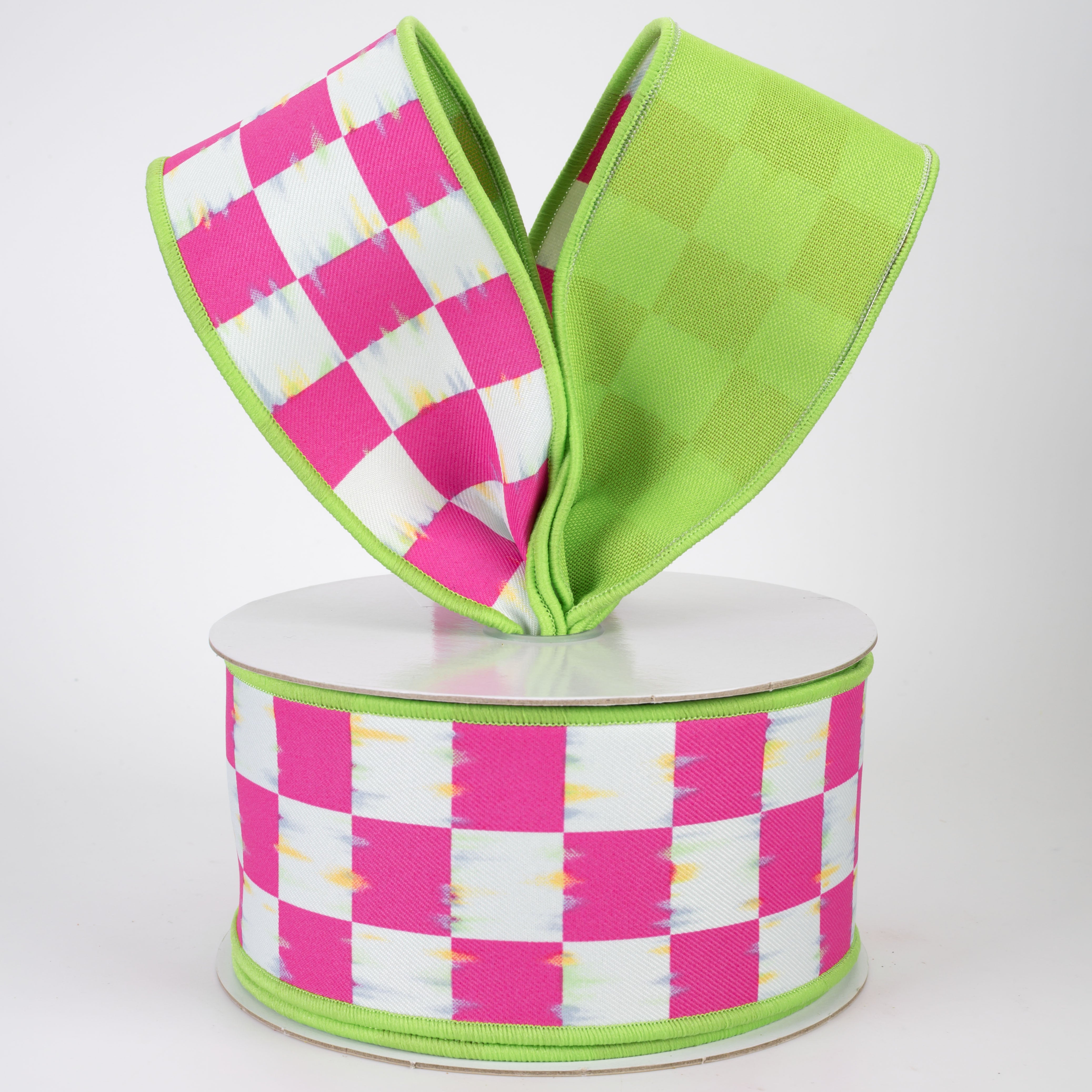 2.5" Double Sided Fused Bold Antique Checkerboard Ribbon: Hot Pink & Fresh Green (10 Yards)
