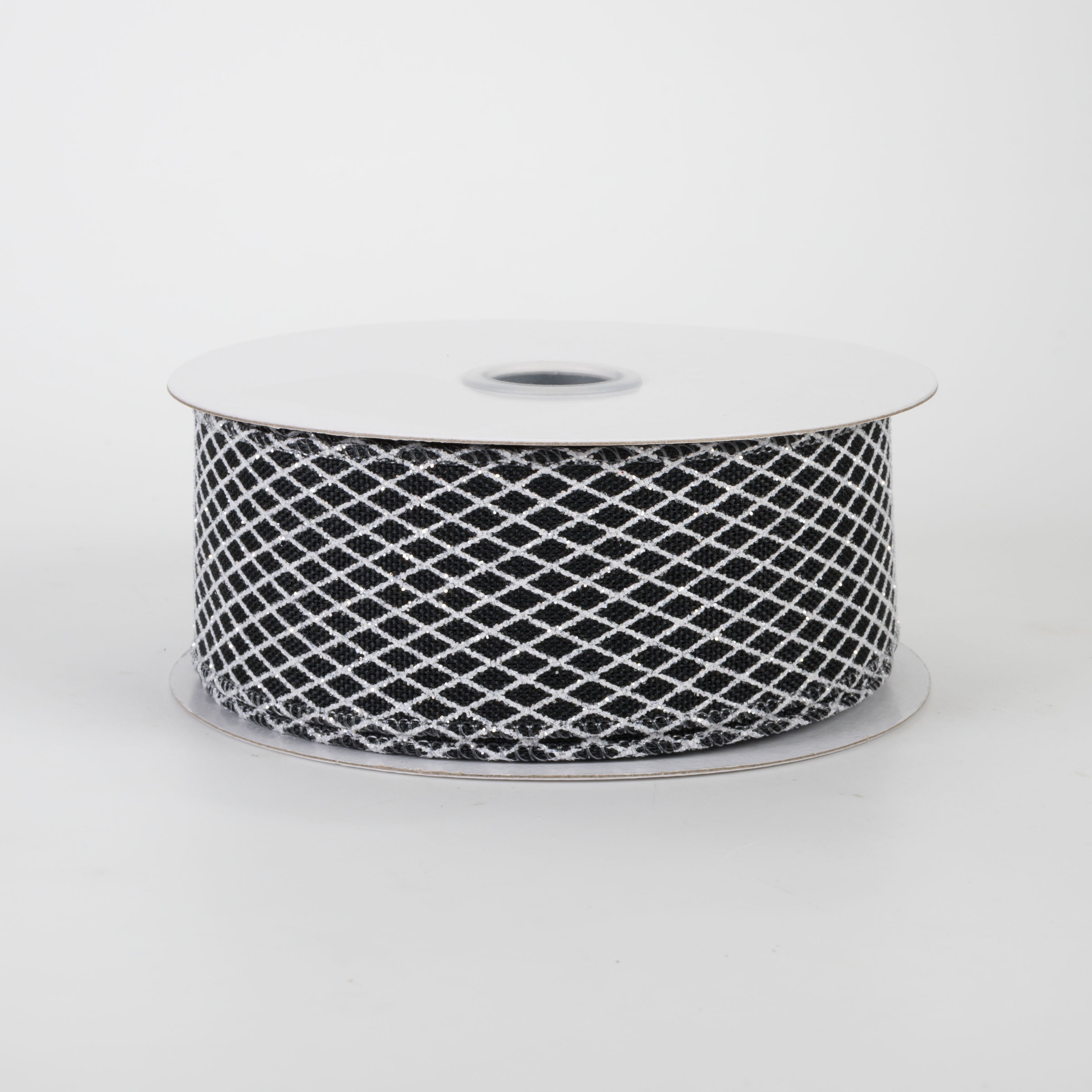 1.5" Mini Glitter Harlequin Ribbon: White on Black (10 Yards)
