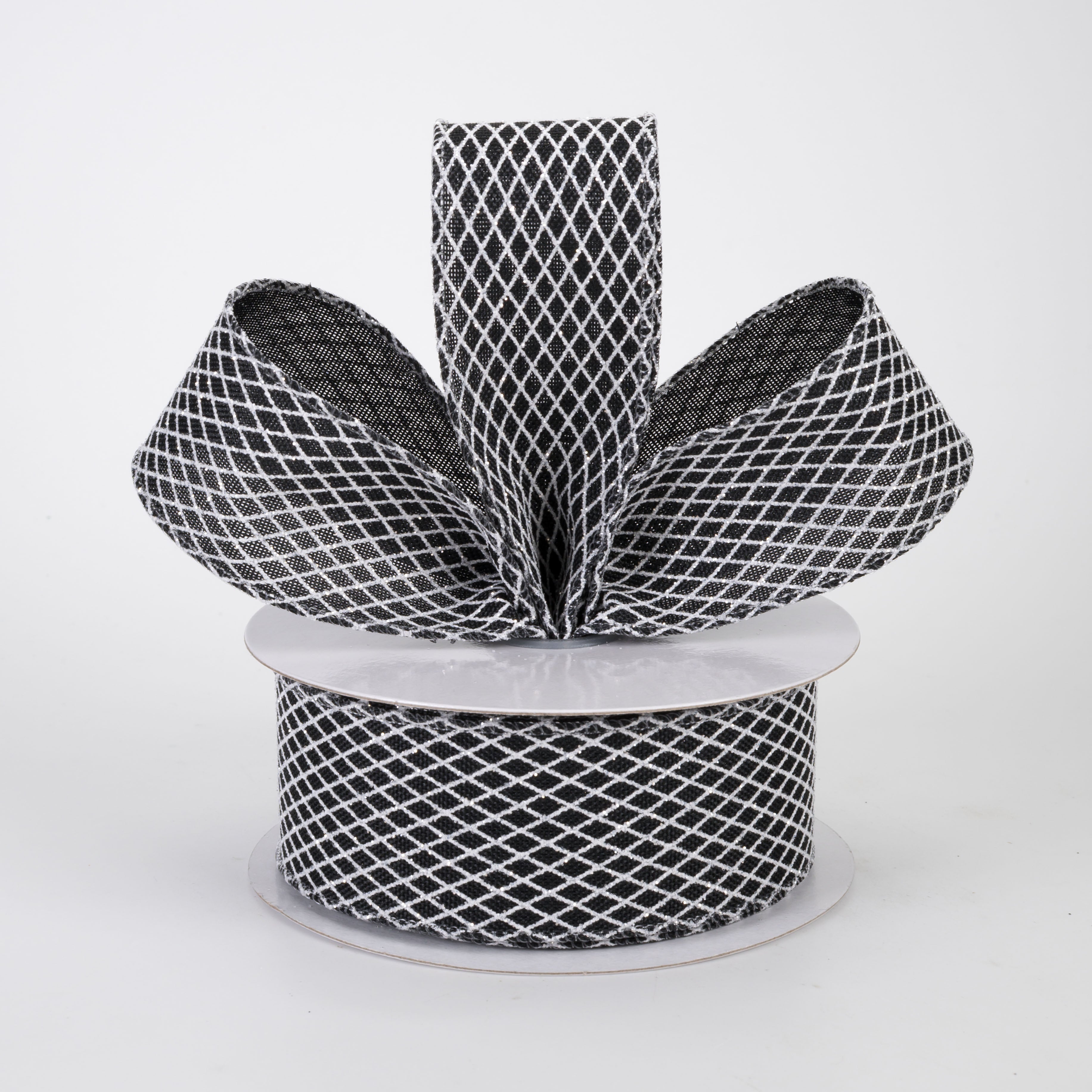 1.5" Mini Glitter Harlequin Ribbon: White on Black (10 Yards)