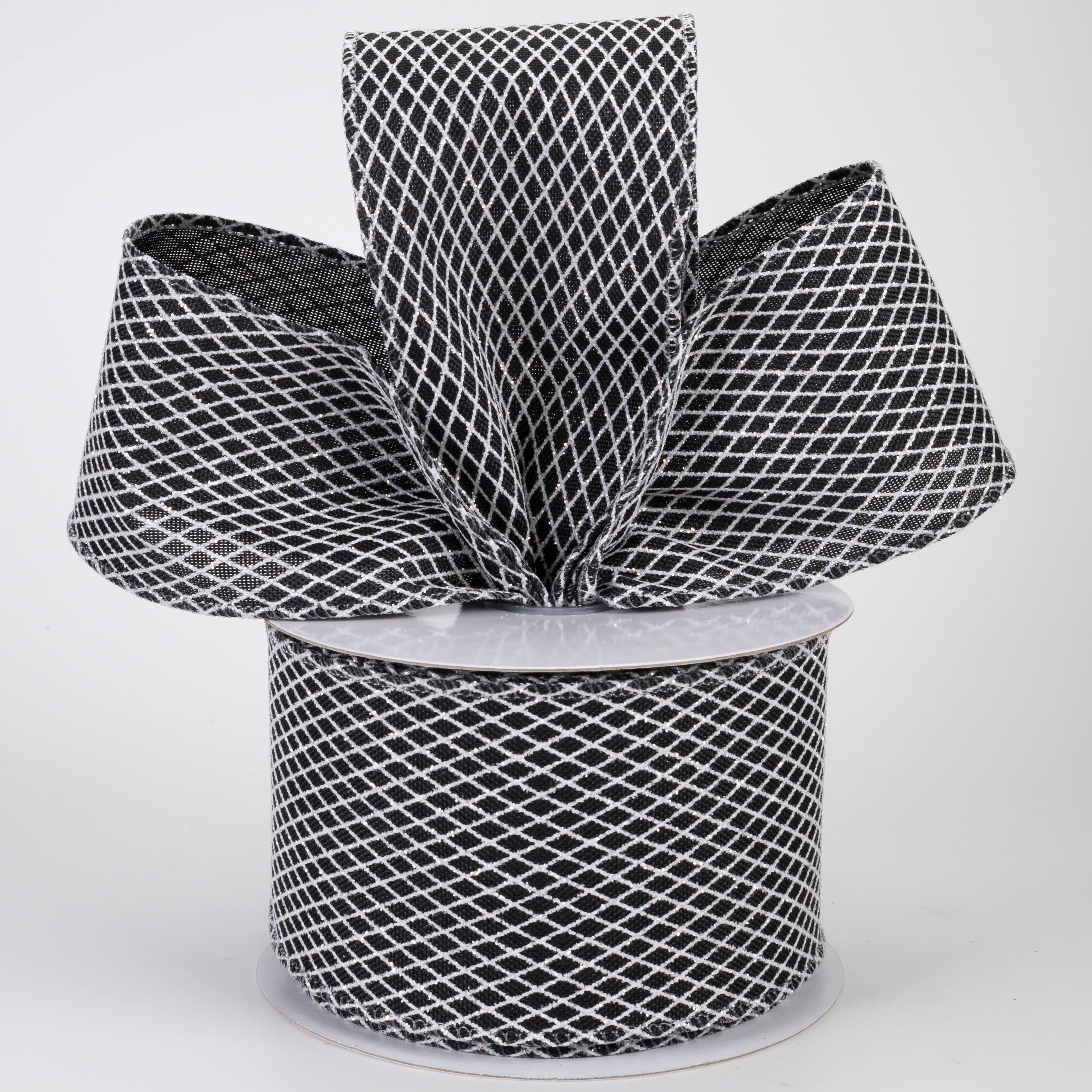 2.5" Mini Glitter Harlequin Ribbon: White on Black (10 Yards)