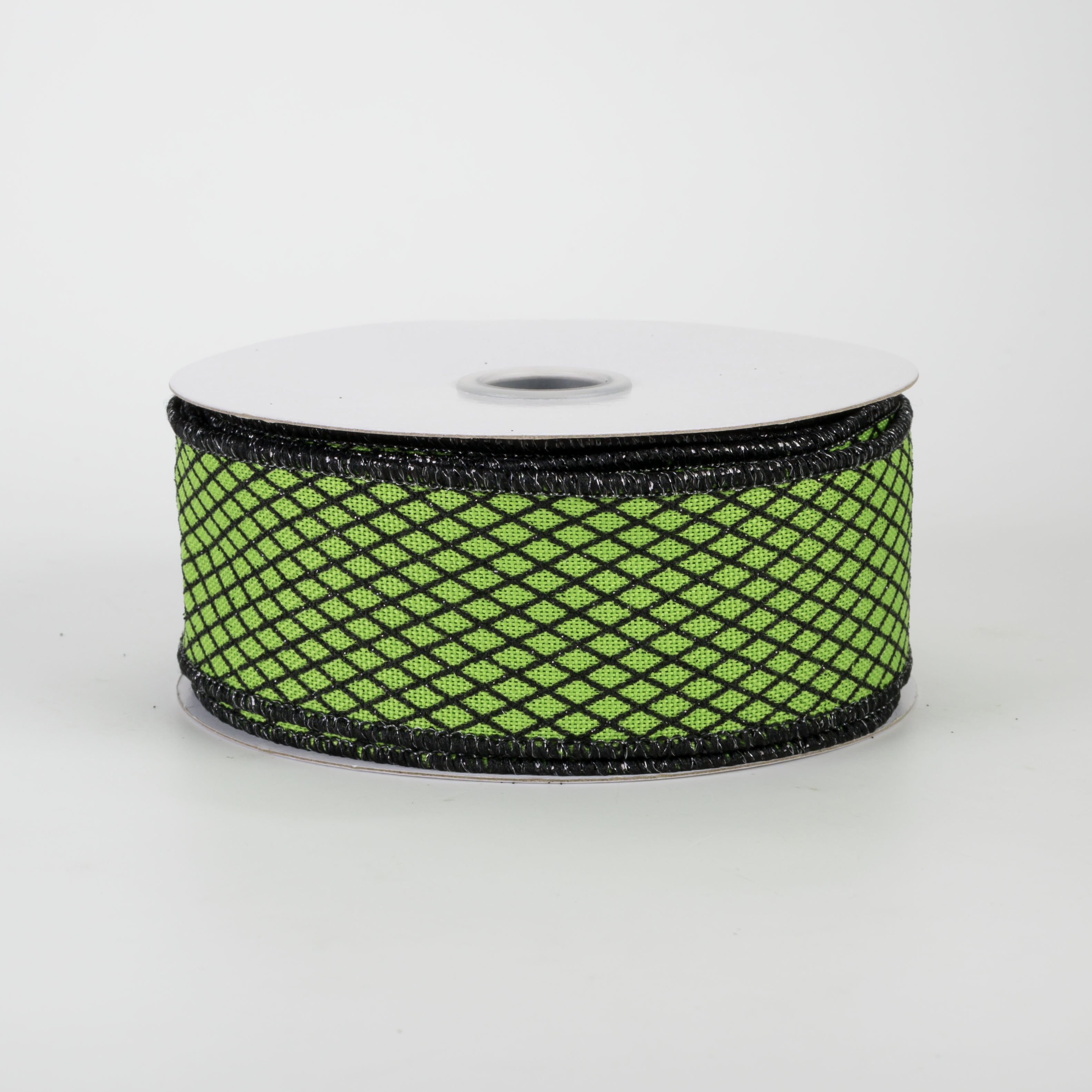 1.5" Mini Glitter Harlequin Ribbon: Black on Green (10 Yards)