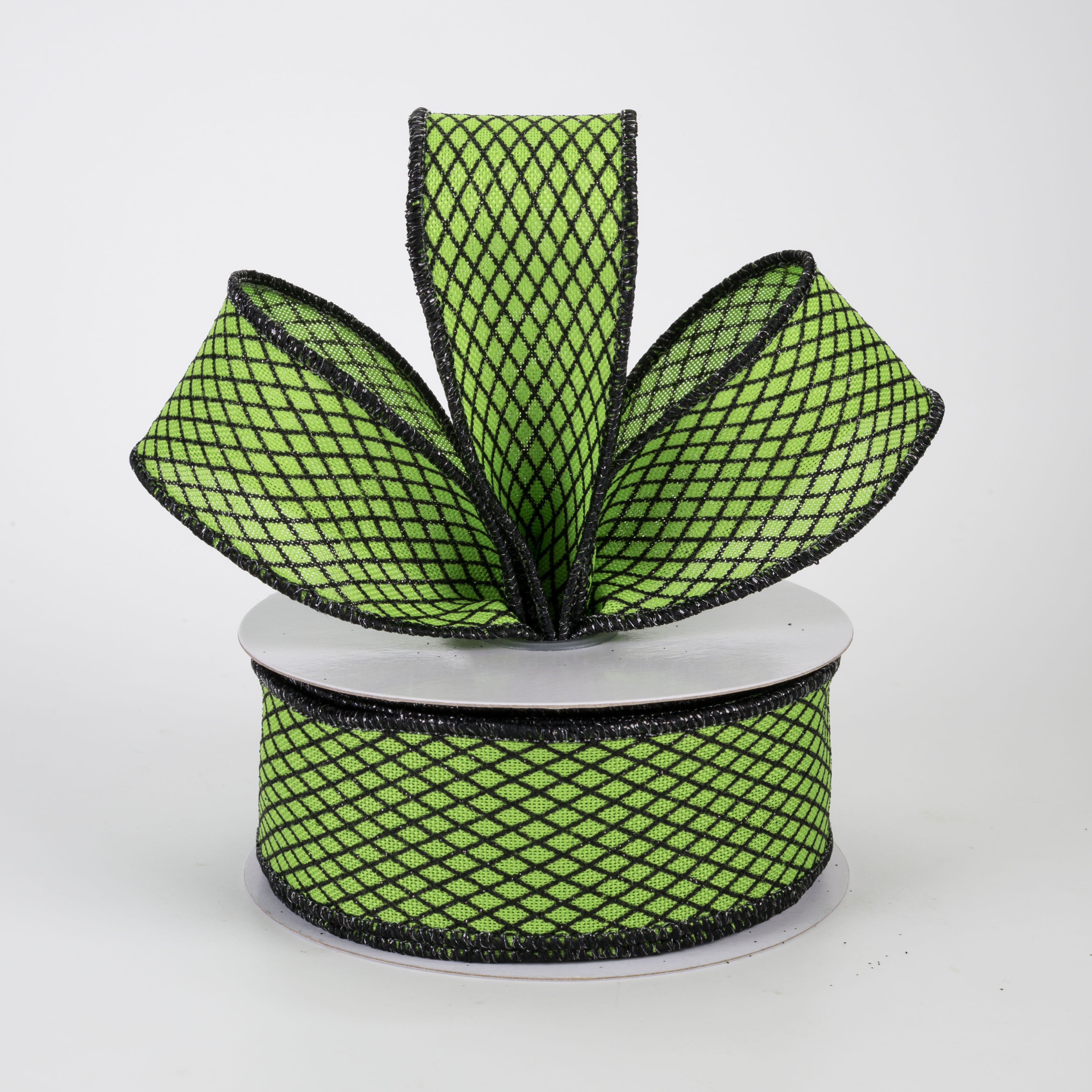 1.5" Mini Glitter Harlequin Ribbon: Black on Green (10 Yards)