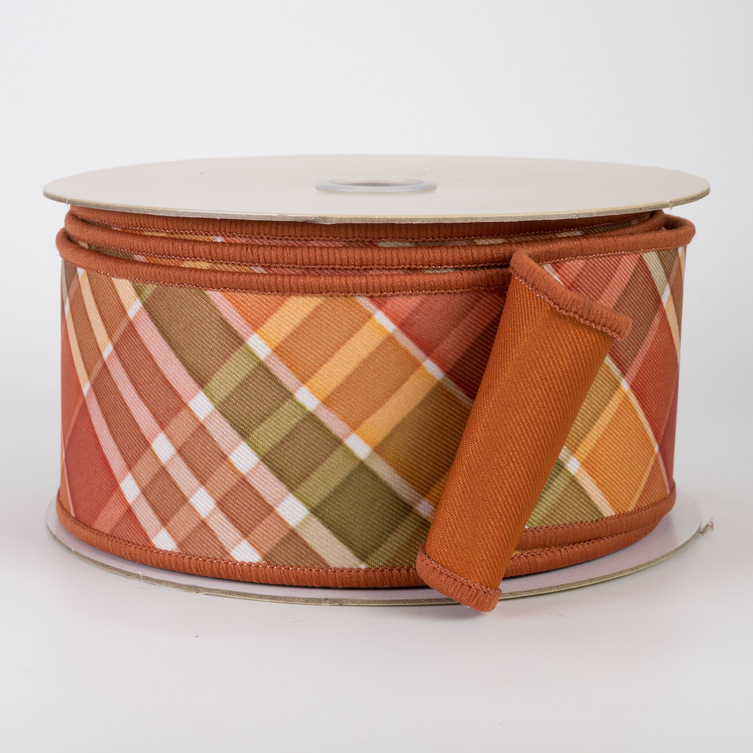 2.5" Double Sided Fused Fall Plaid Ribbon: Ivory, Rust & Moss (10 Yards)
