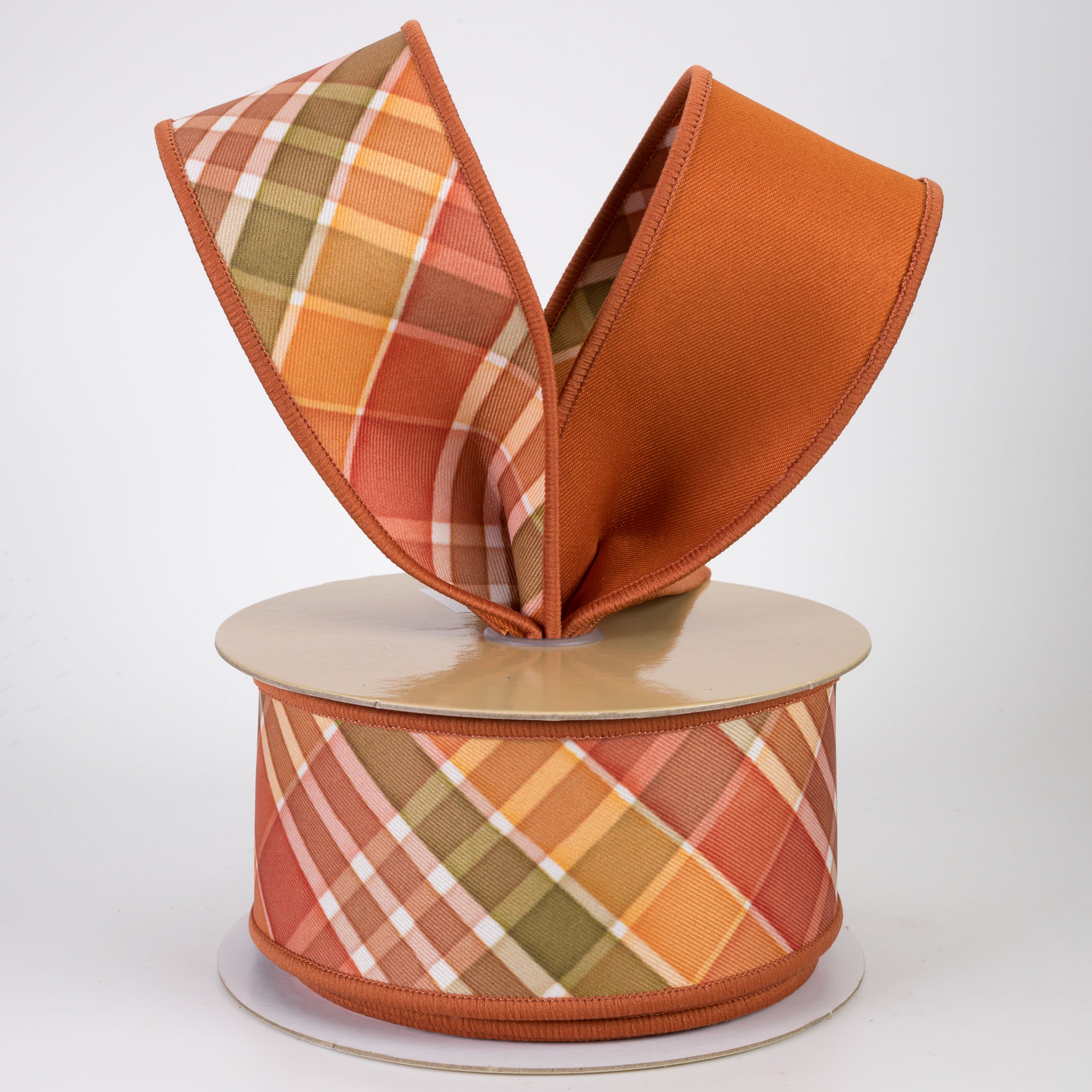 2.5" Double Sided Fused Fall Plaid Ribbon: Ivory, Rust & Moss (10 Yards)