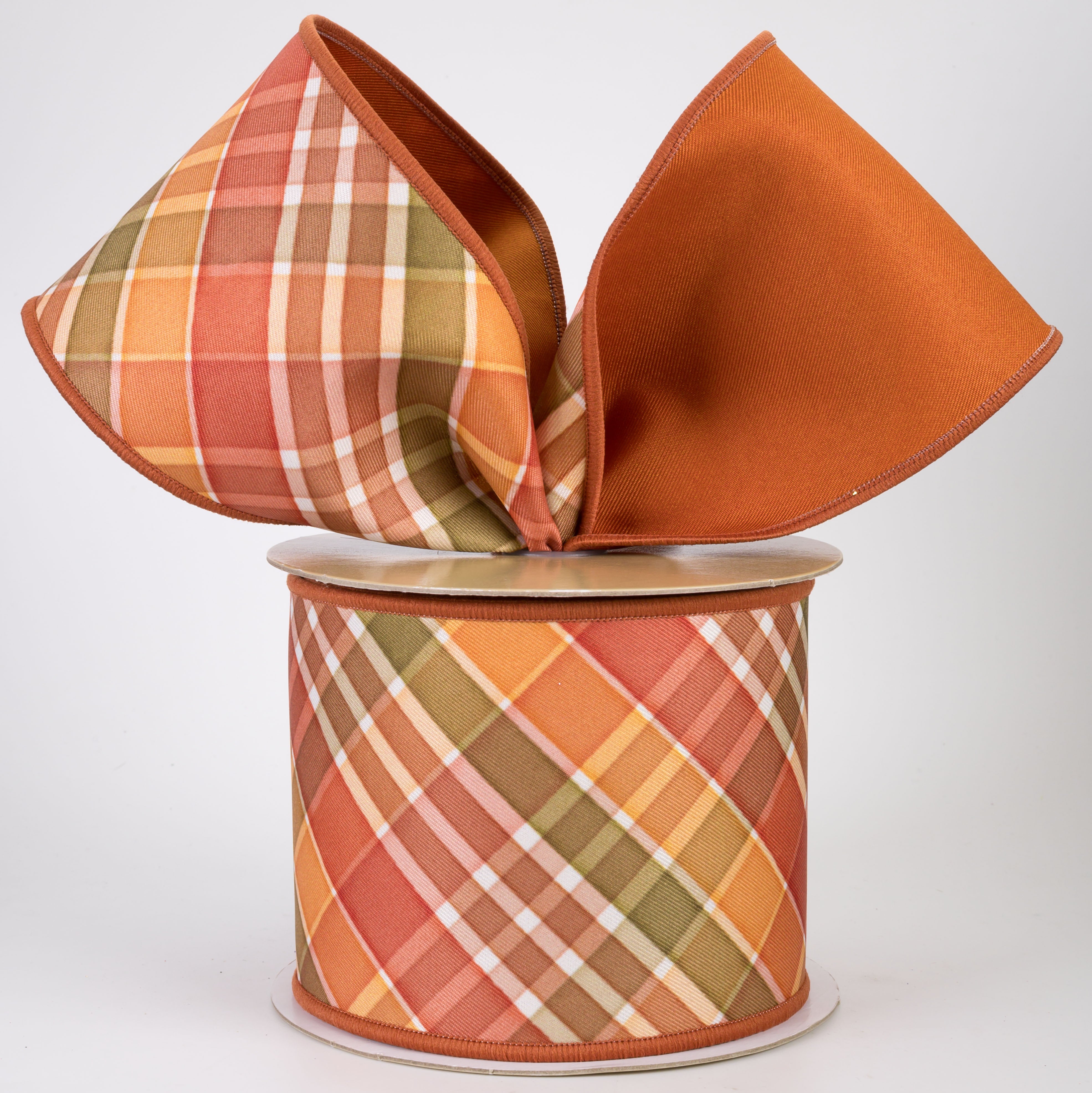 4" Double Sided Fused Fall Plaid Ribbon: Ivory, Rust & Moss (10 Yards)