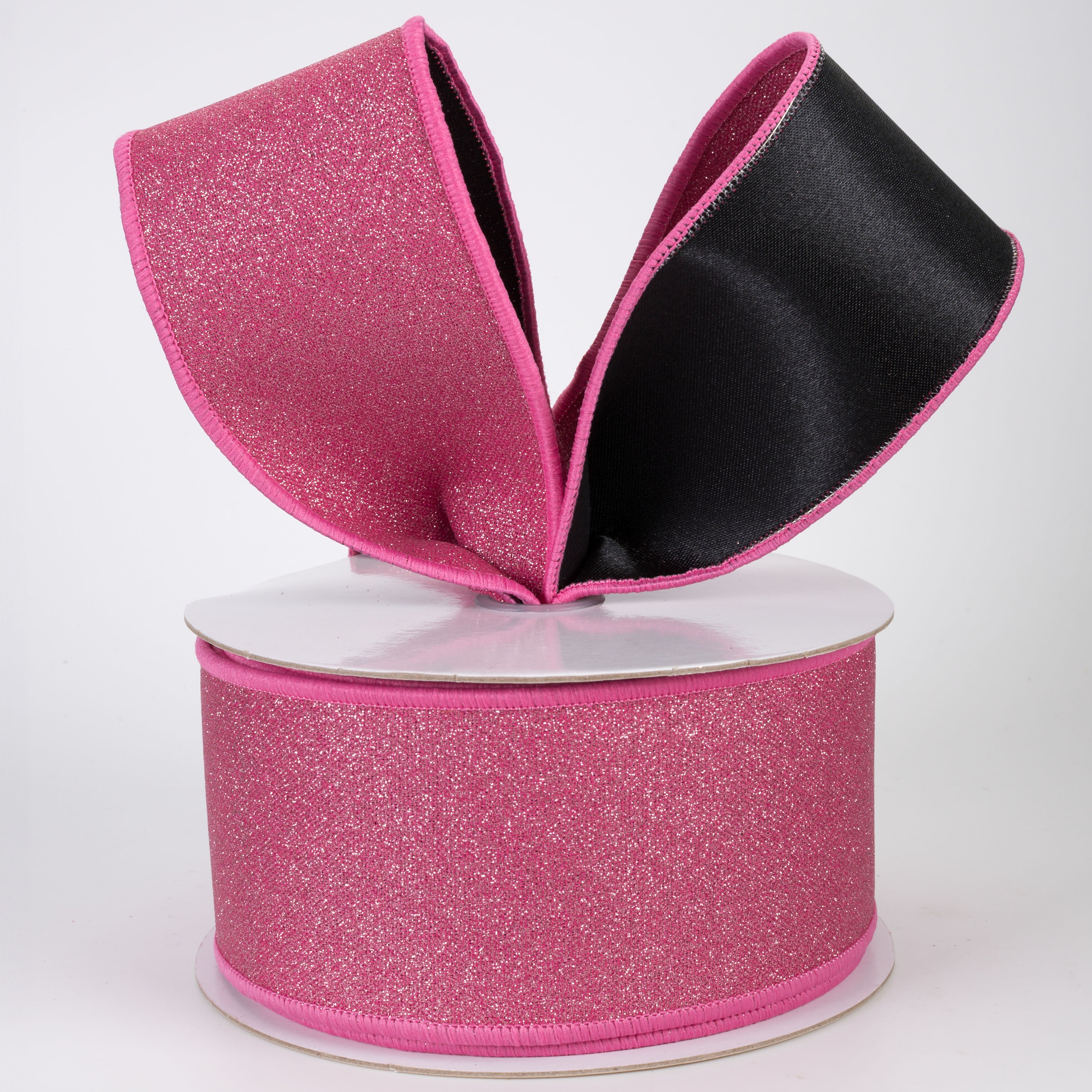 2.5" Double Sided Fused Fine Glitter Ribbon: Fuchsia Pink & Black (10 Yards)