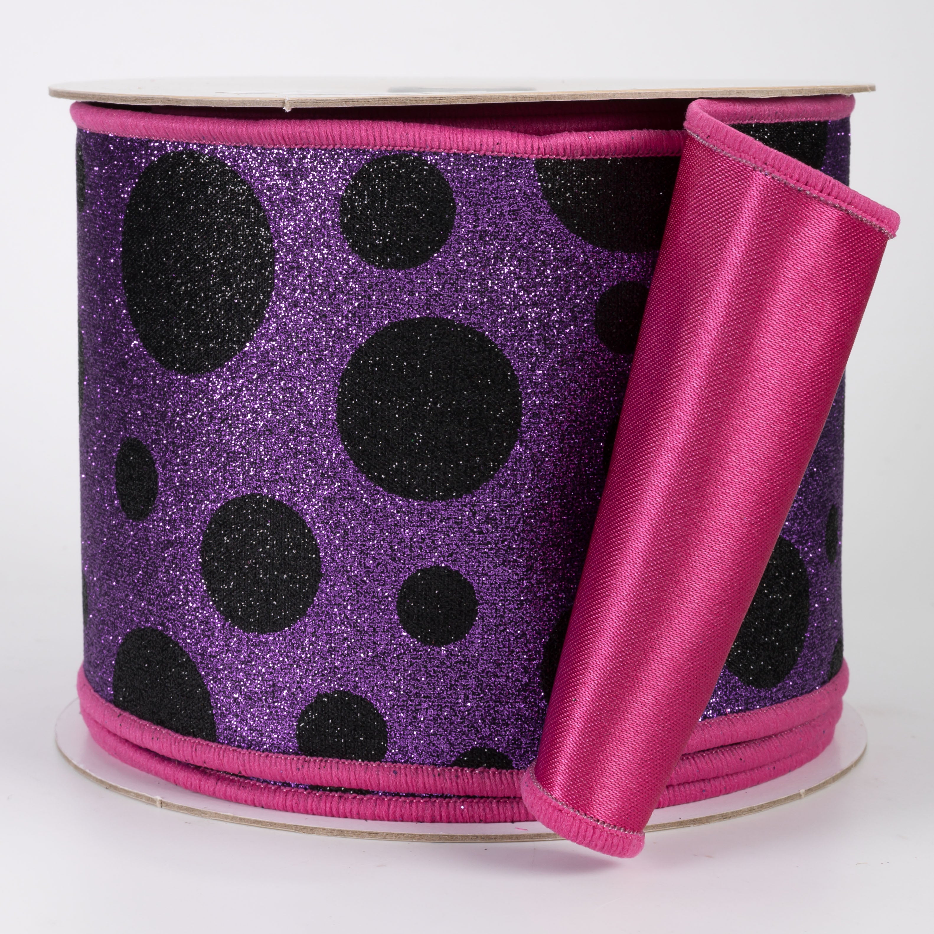 4" Double Sided Fused Giant Polka Dot Ribbon: Purple, Black, Hot Pink (10 Yards)