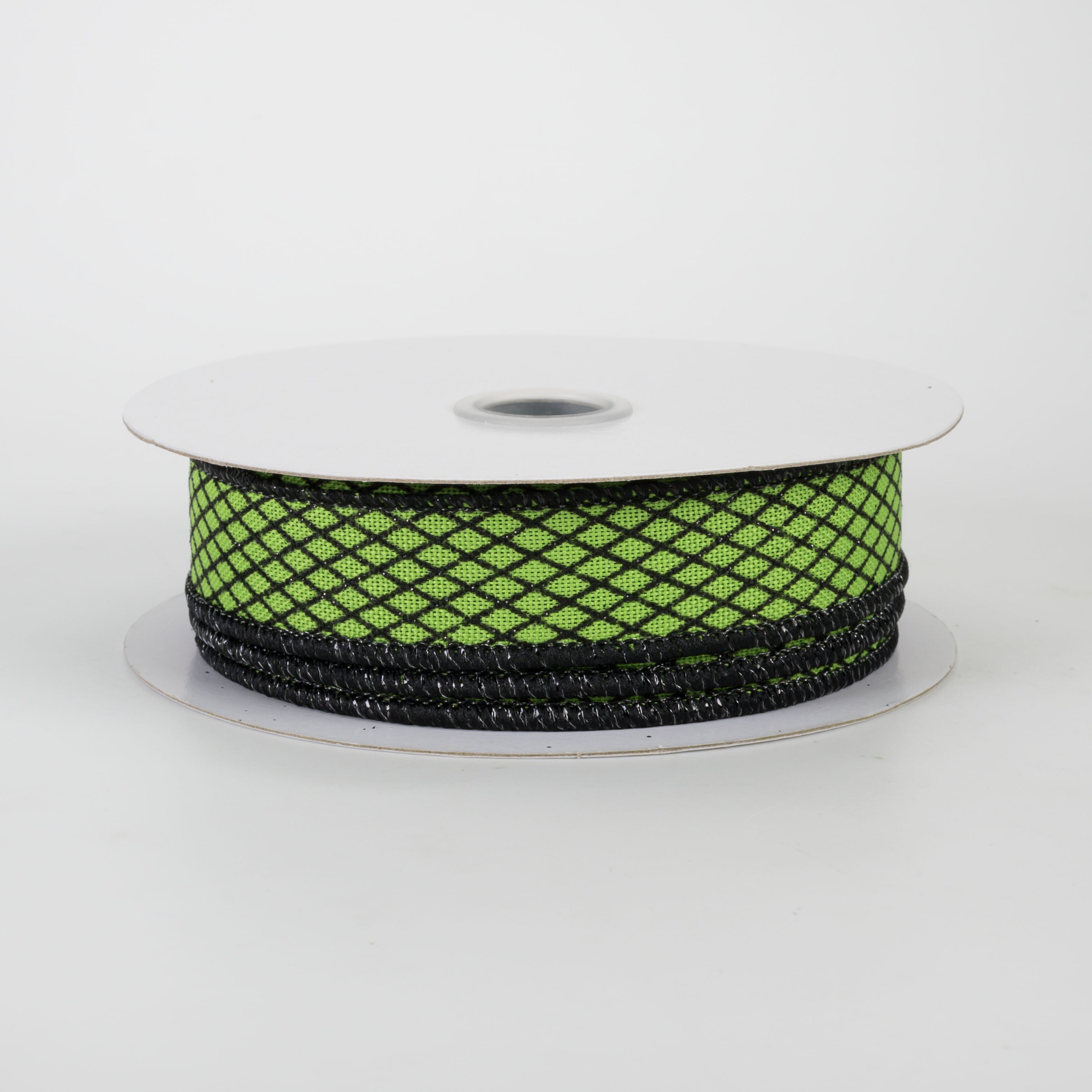 7/8" Mini Glitter Harlequin Ribbon: Black on Green (10 Yards)