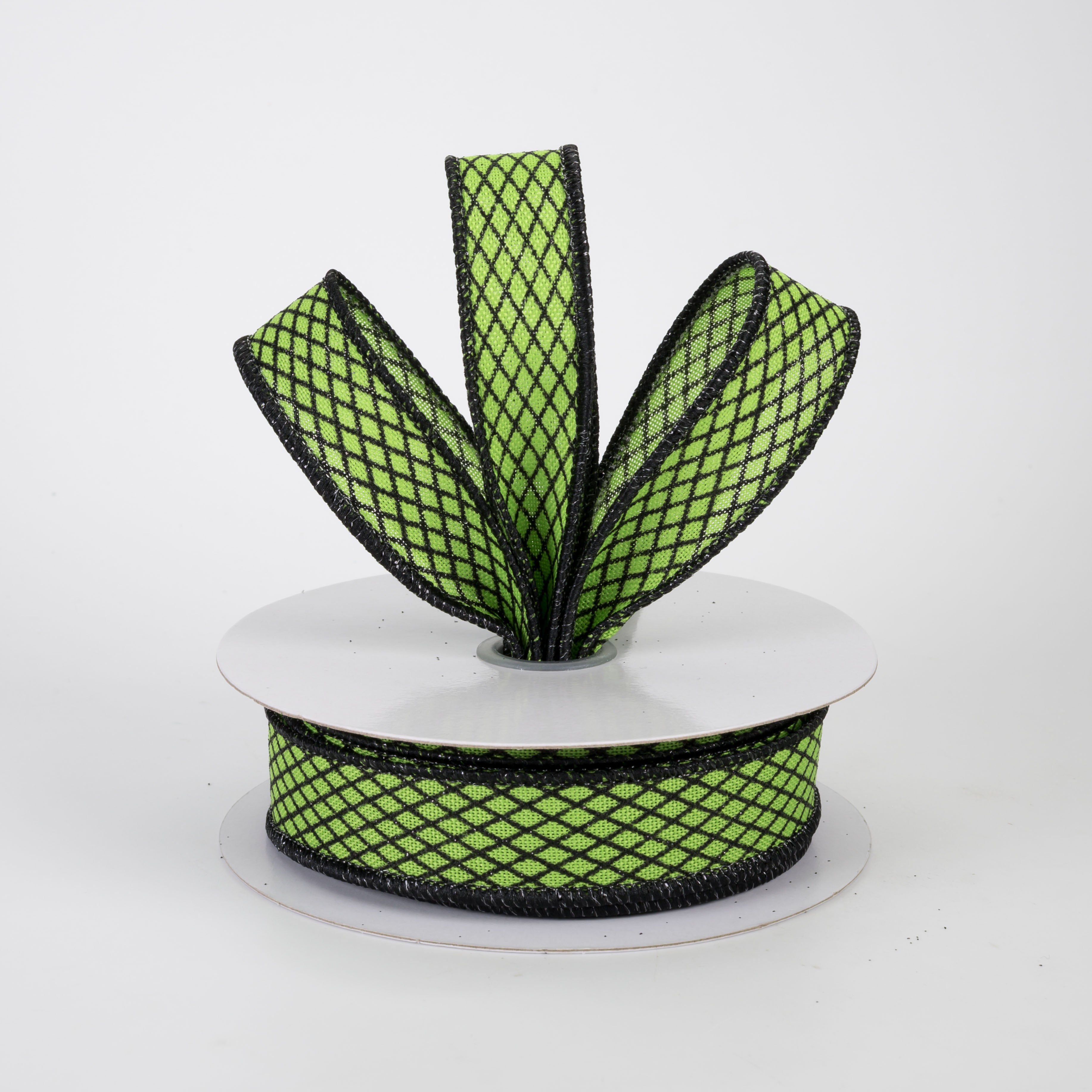 7/8" Mini Glitter Harlequin Ribbon: Black on Green (10 Yards)