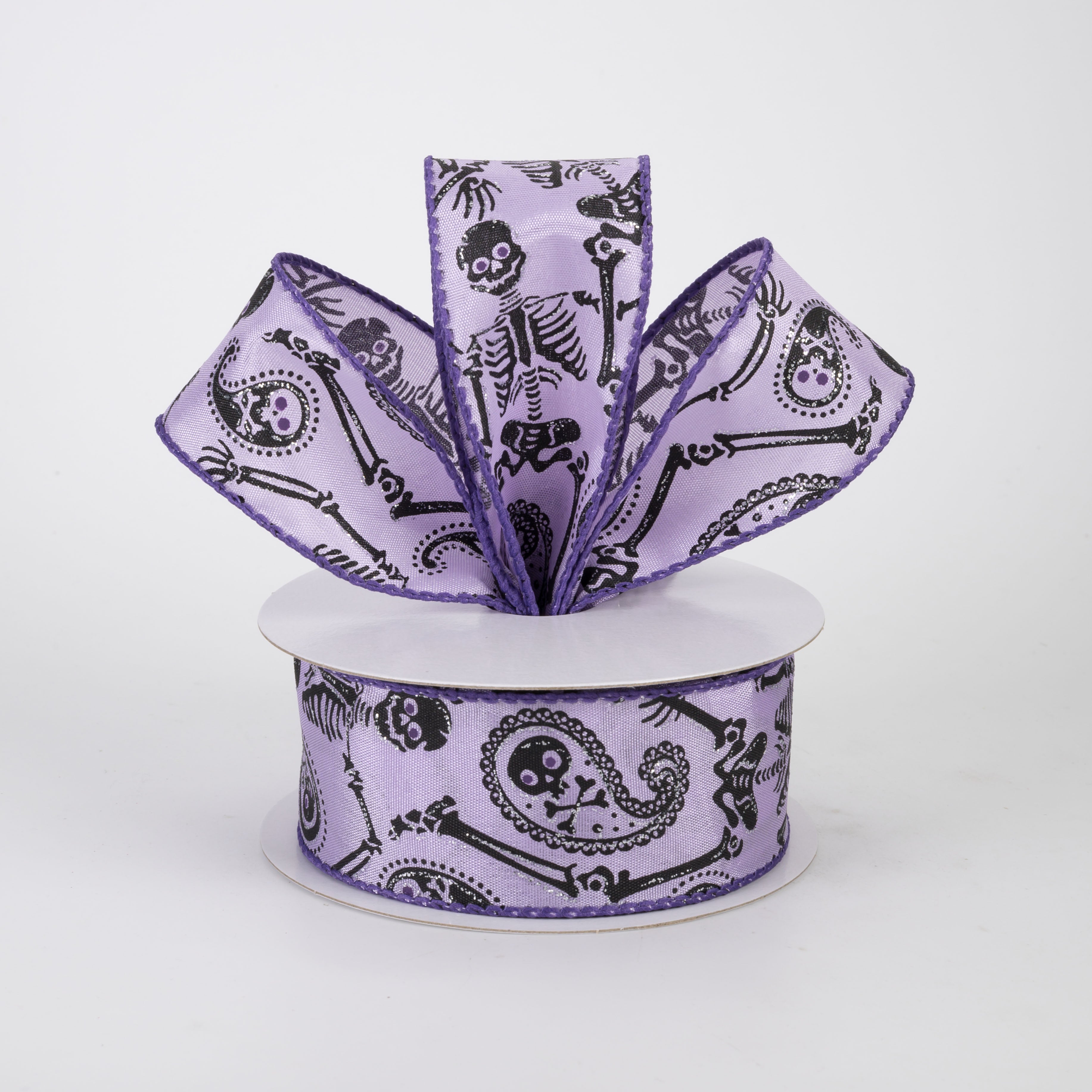 1.5" Skull & Bones Paisley Ribbon: Black on Lavender (10 Yards)