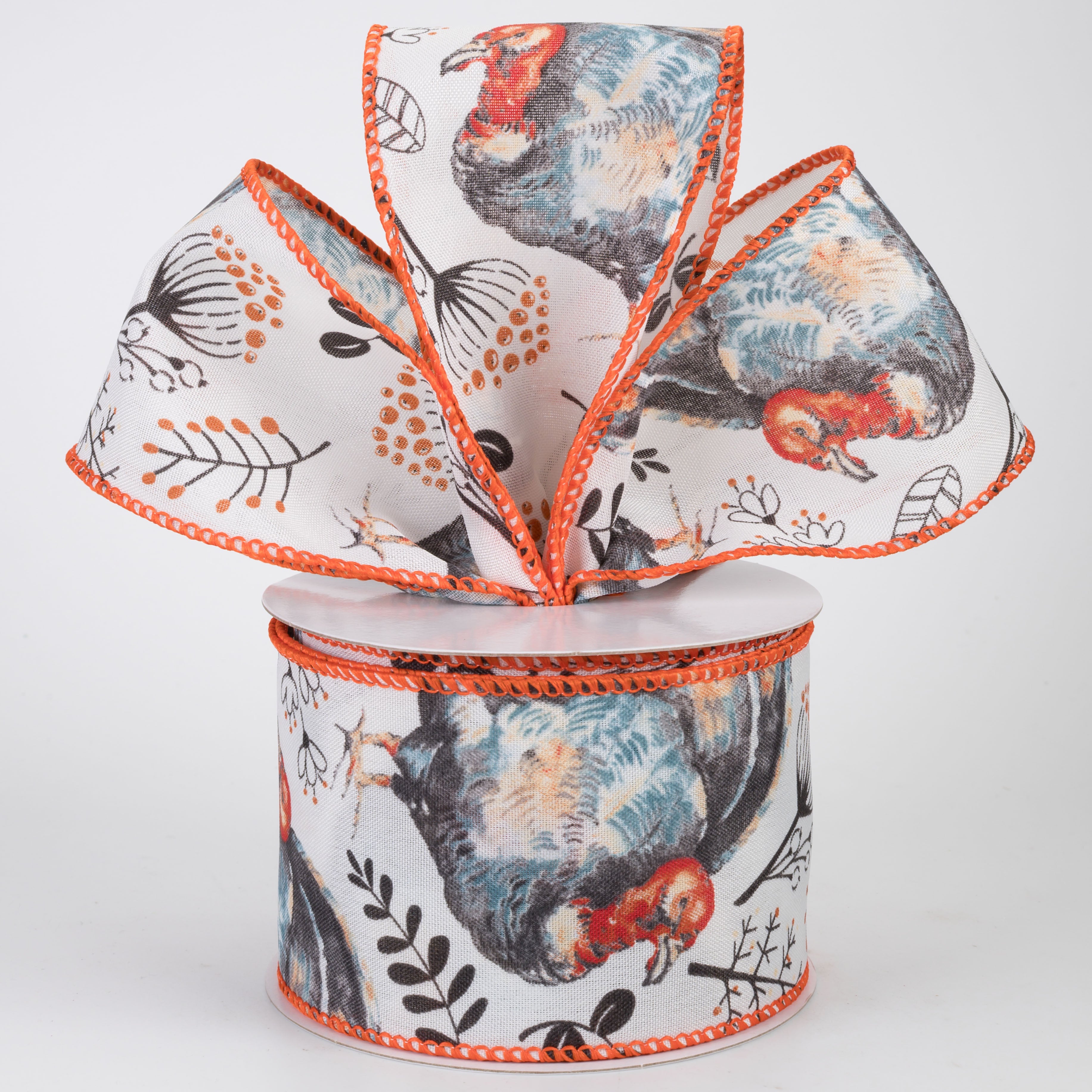 2.5" Watercolor Turkeys & Leaves Ribbon (10 Yards)