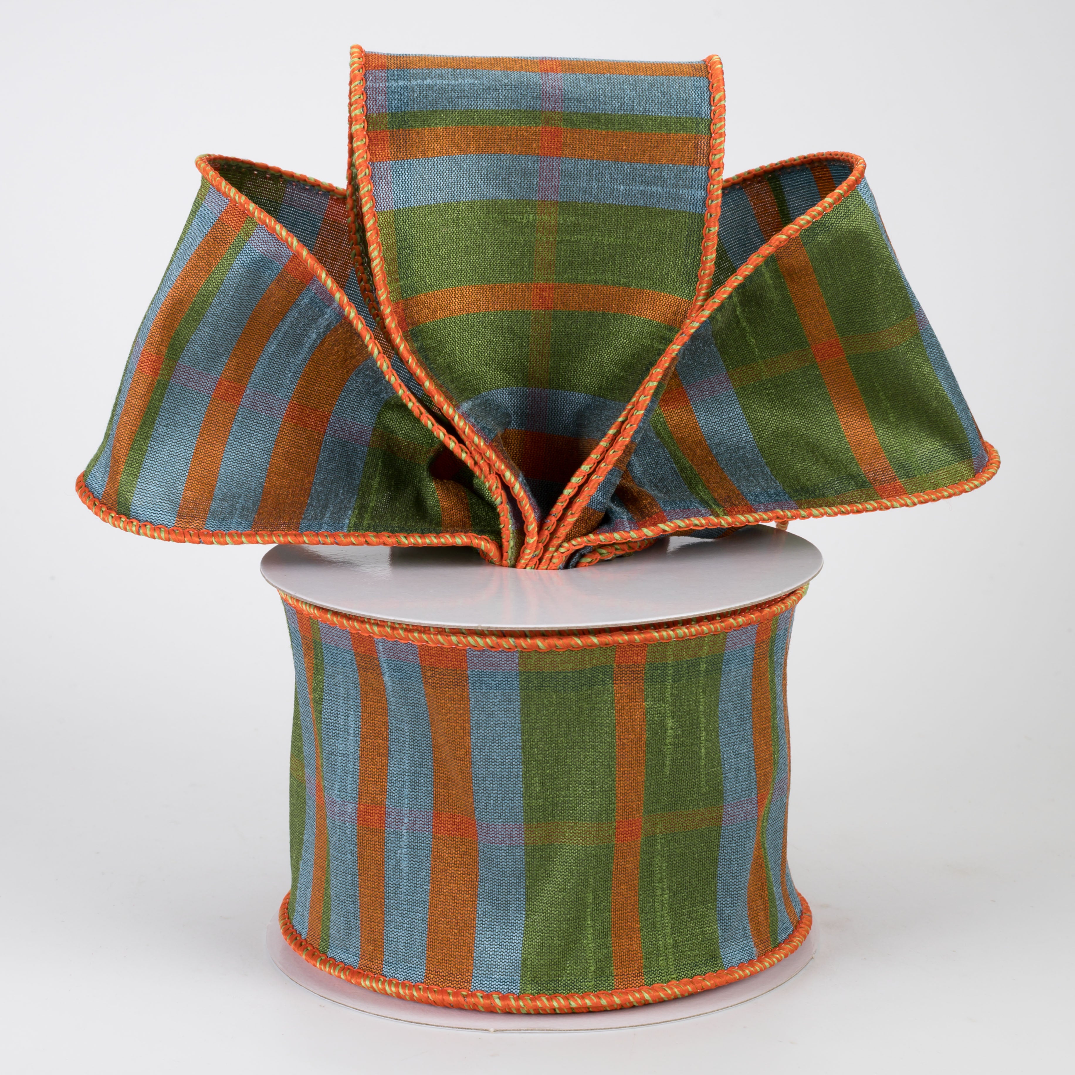 2.5" Faux Dupioni Plaid Ribbon: Moss, Orange & Smoke Blue (10 Yards)